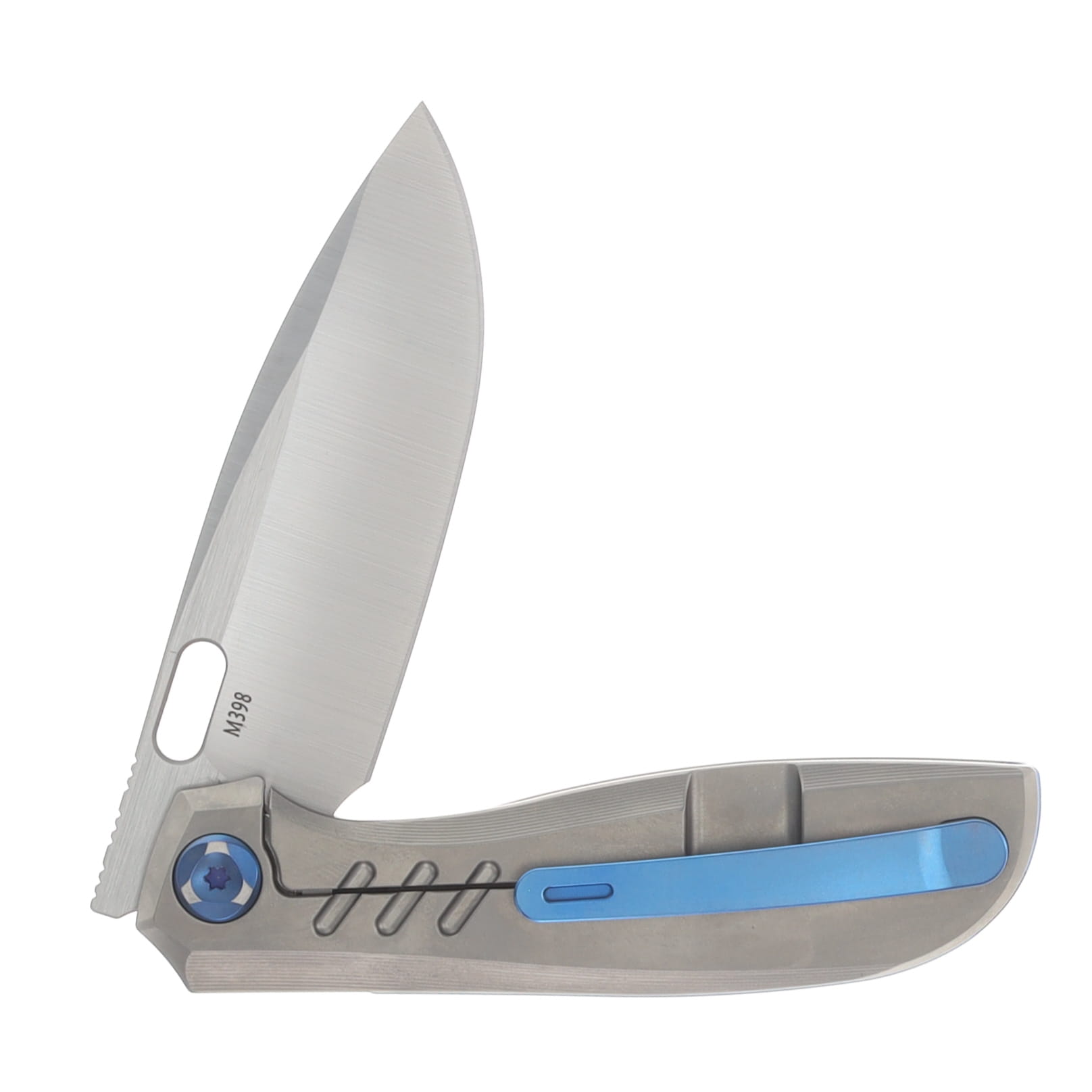 Poikilo Blade Gecko Folding Knife Standard PSW V5 TI Handle W/5 Slots - Blue Accent M398 Blade POIBGECSPSWV55SLT View 4