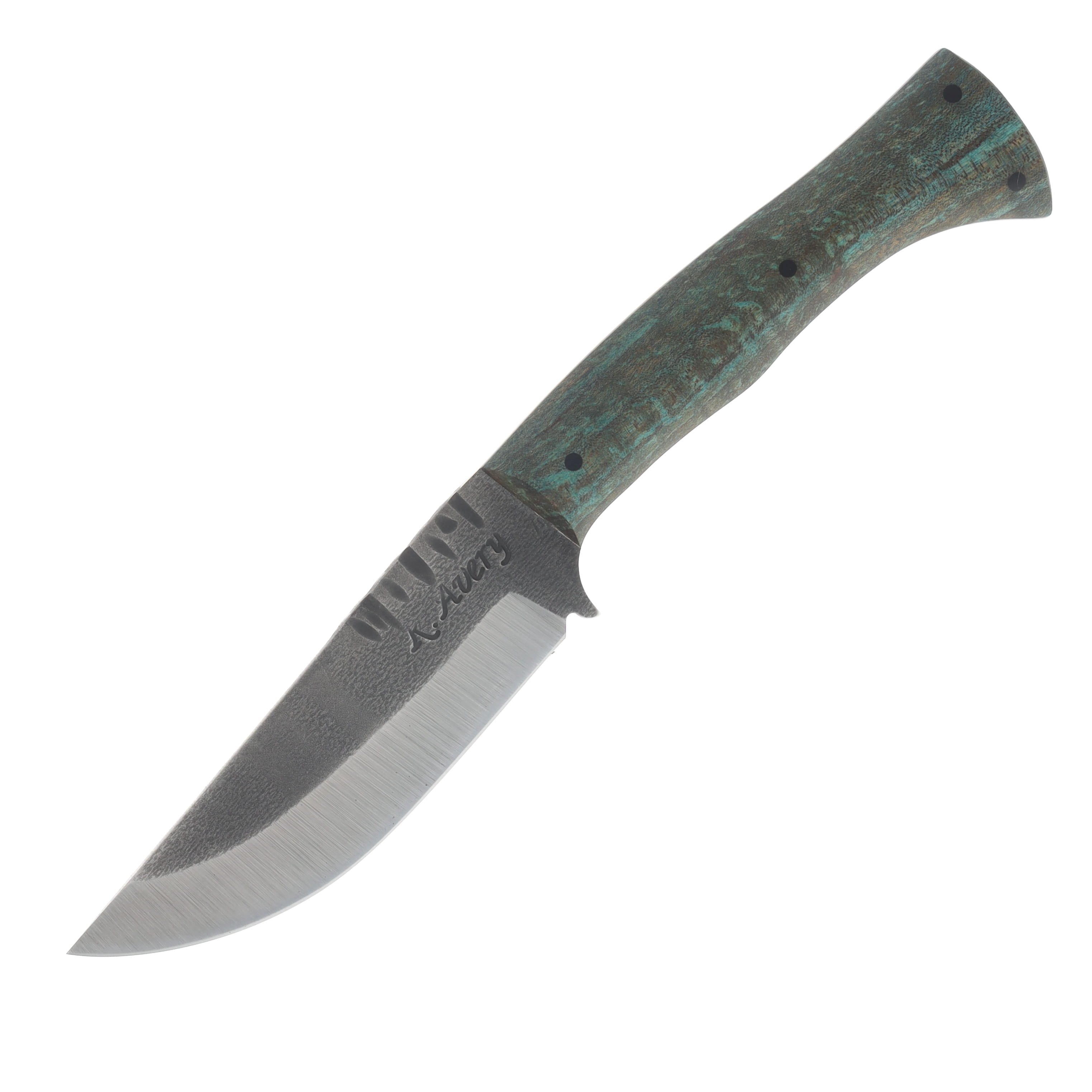 Avery Knifeworks Woodsman Fixed Blade Forged Magnacut/Teal Dyed Curly Maple AK02TCM View 3