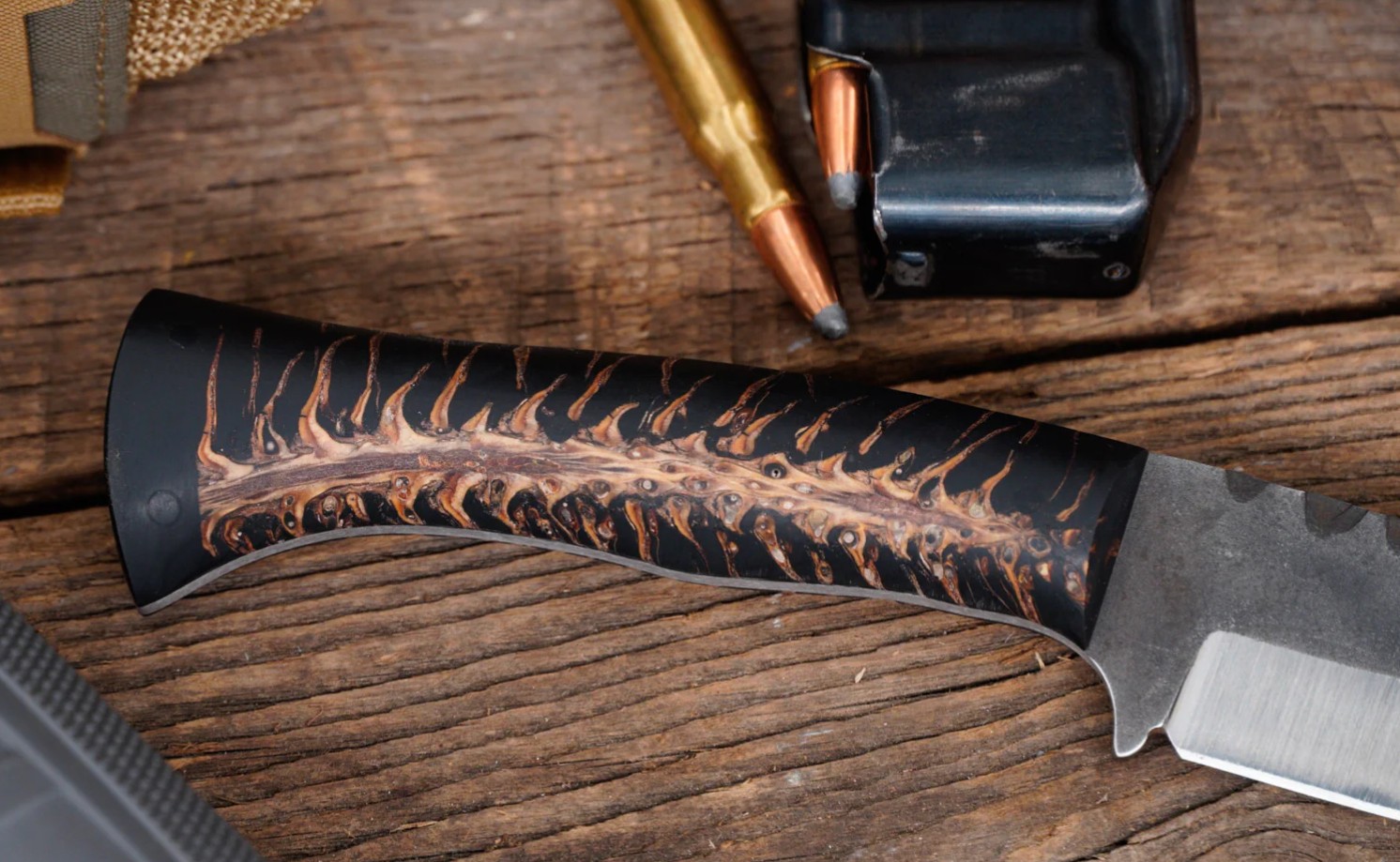 Avery Knifeworks Woodsman Fixed Blade Forged Magnacut/Black Resin & Spalted Maple View 1