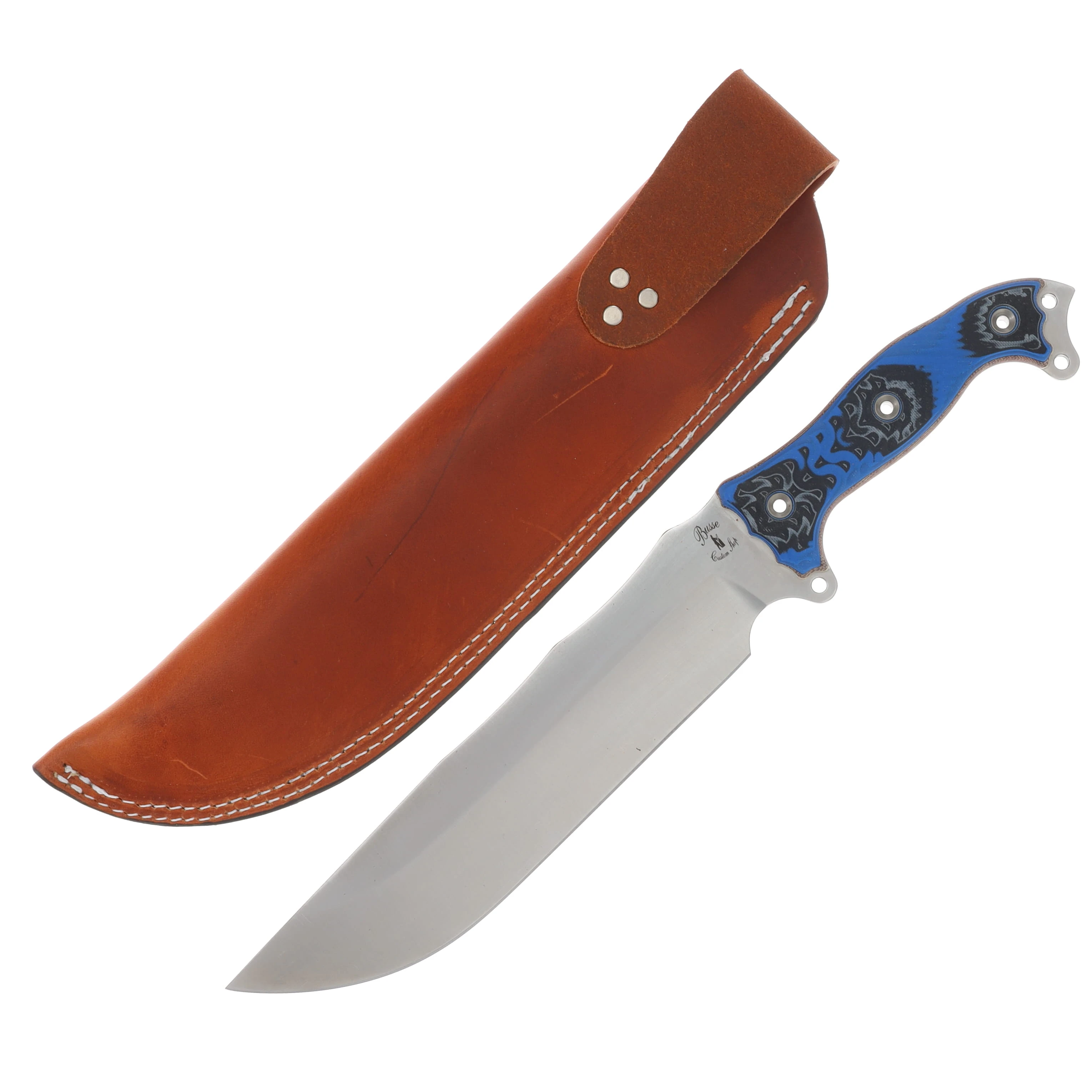 Busse Anorexic Fusion Battle Mistress Fixed Knife Satin Blade Nuclear Blue Black Handle Brown Leather Sheath View 2