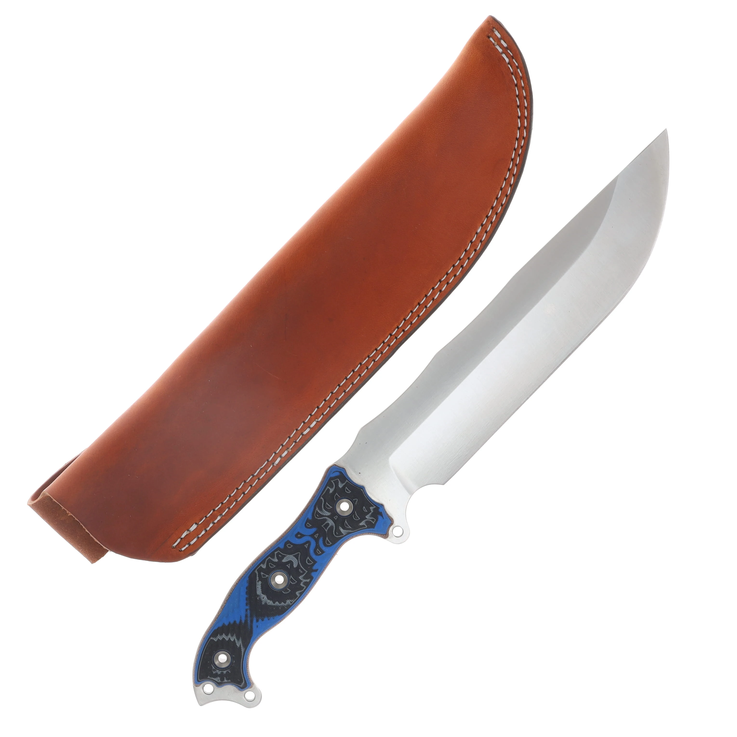 Busse Anorexic Fusion Battle Mistress Fixed Knife Satin Blade Nuclear Blue Black Handle Brown Leather Sheath View 1