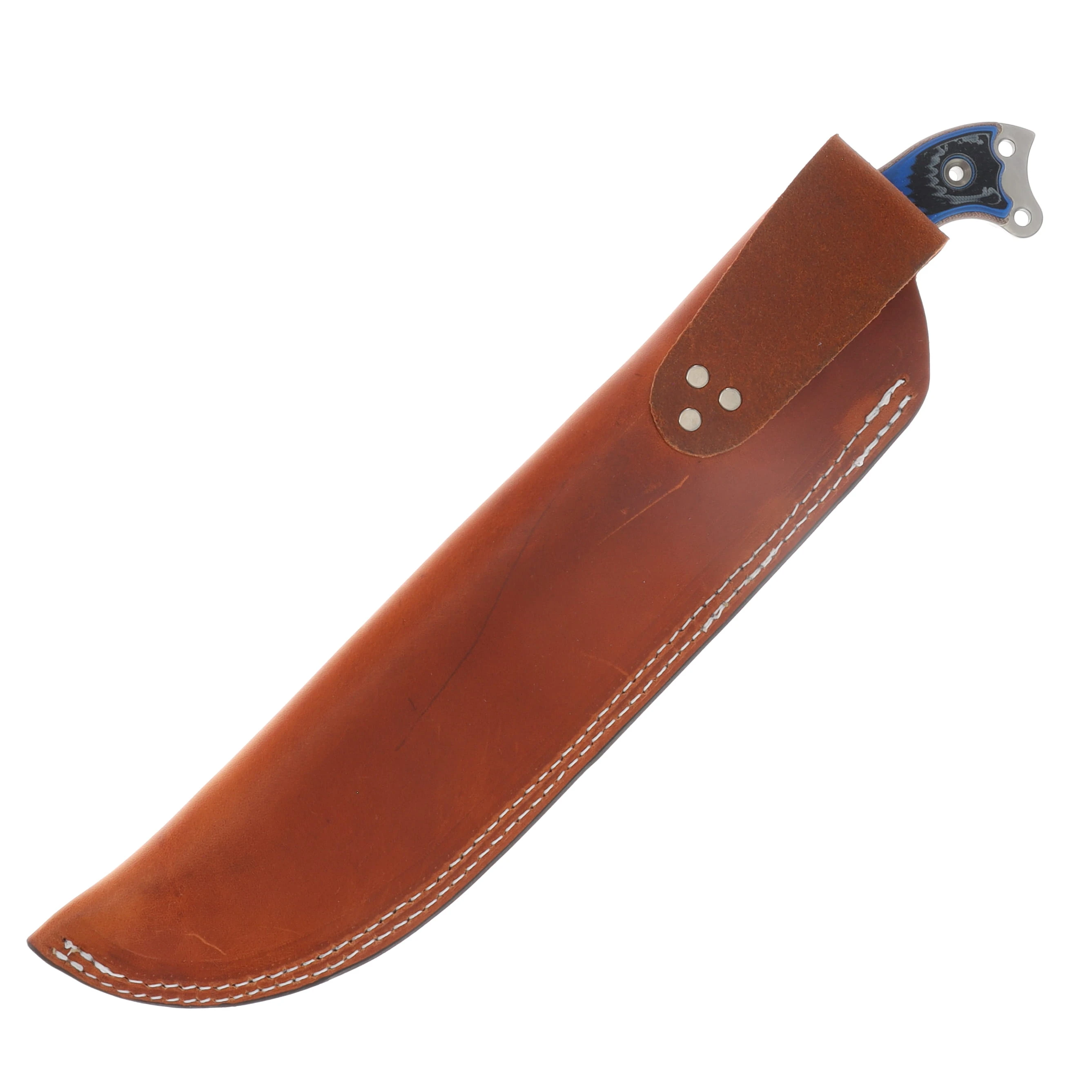 Busse Anorexic Fusion Battle Mistress Fixed Knife Satin Blade Nuclear Blue Black Handle Brown Leather Sheath View 4