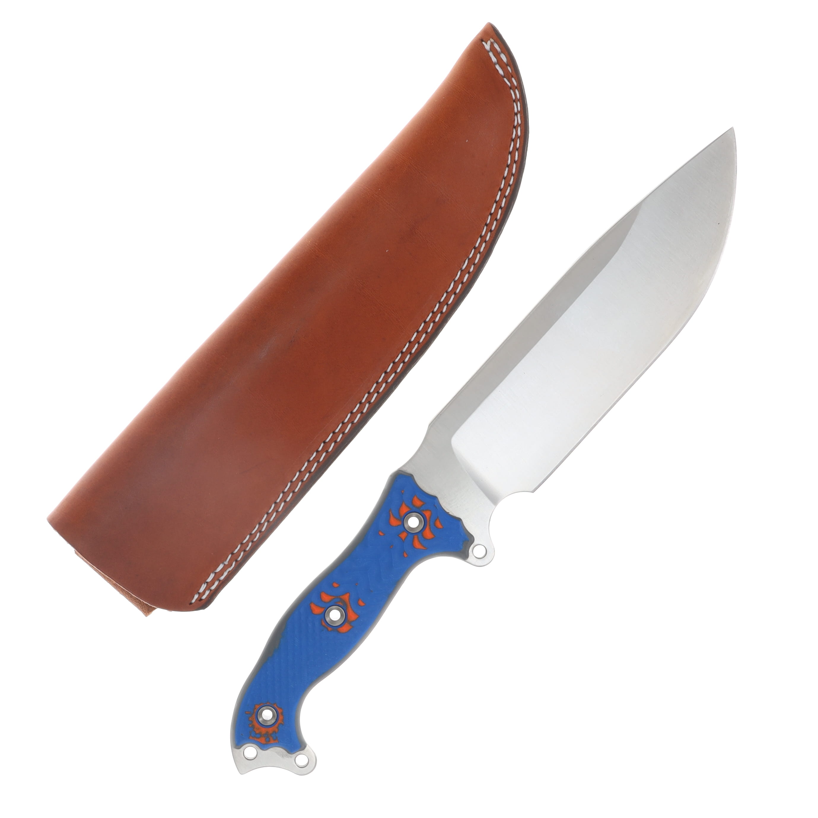 Busse Beating Heart Fixed Knife Satin Blade Nuclear Blue-Orange Handle Brown Leather Sheath BEATHEARTNUCORWH View 1