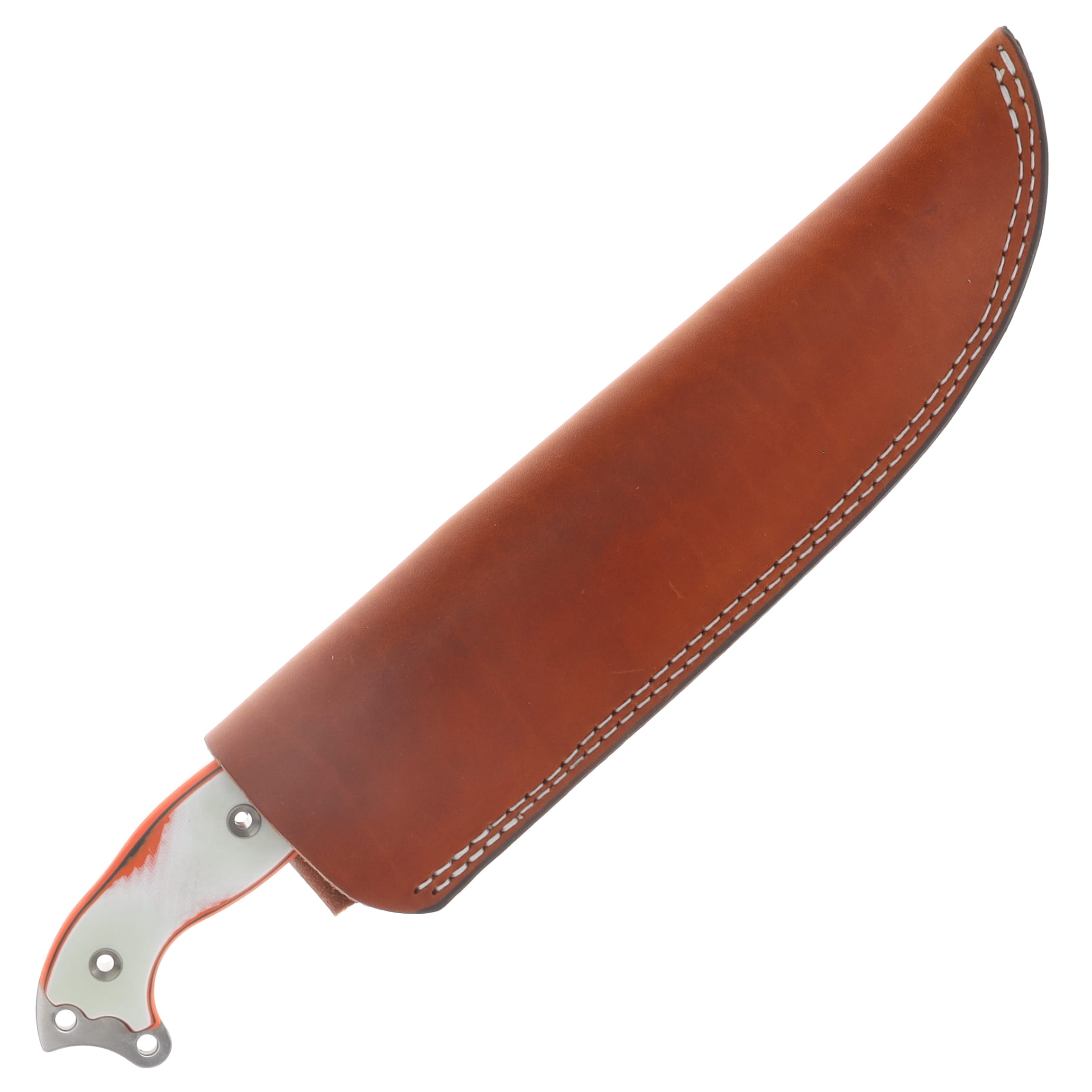 Busse Beating Heart Fixed Knife Satin Blade Nuclear Orange-White Handle Brown Leather Sheath BEATHEARTNUCORWH View 4