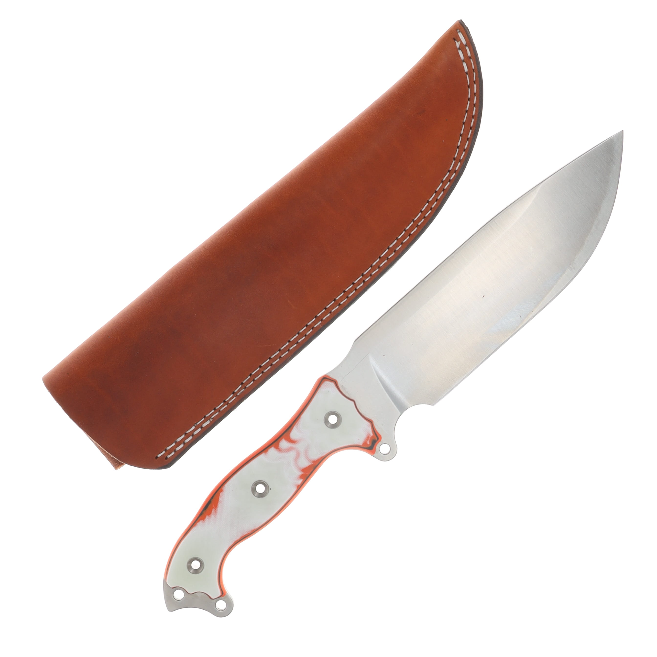 Busse Beating Heart Fixed Knife Satin Blade Nuclear Orange-White Handle Brown Leather Sheath BEATHEARTNUCORWH View 1