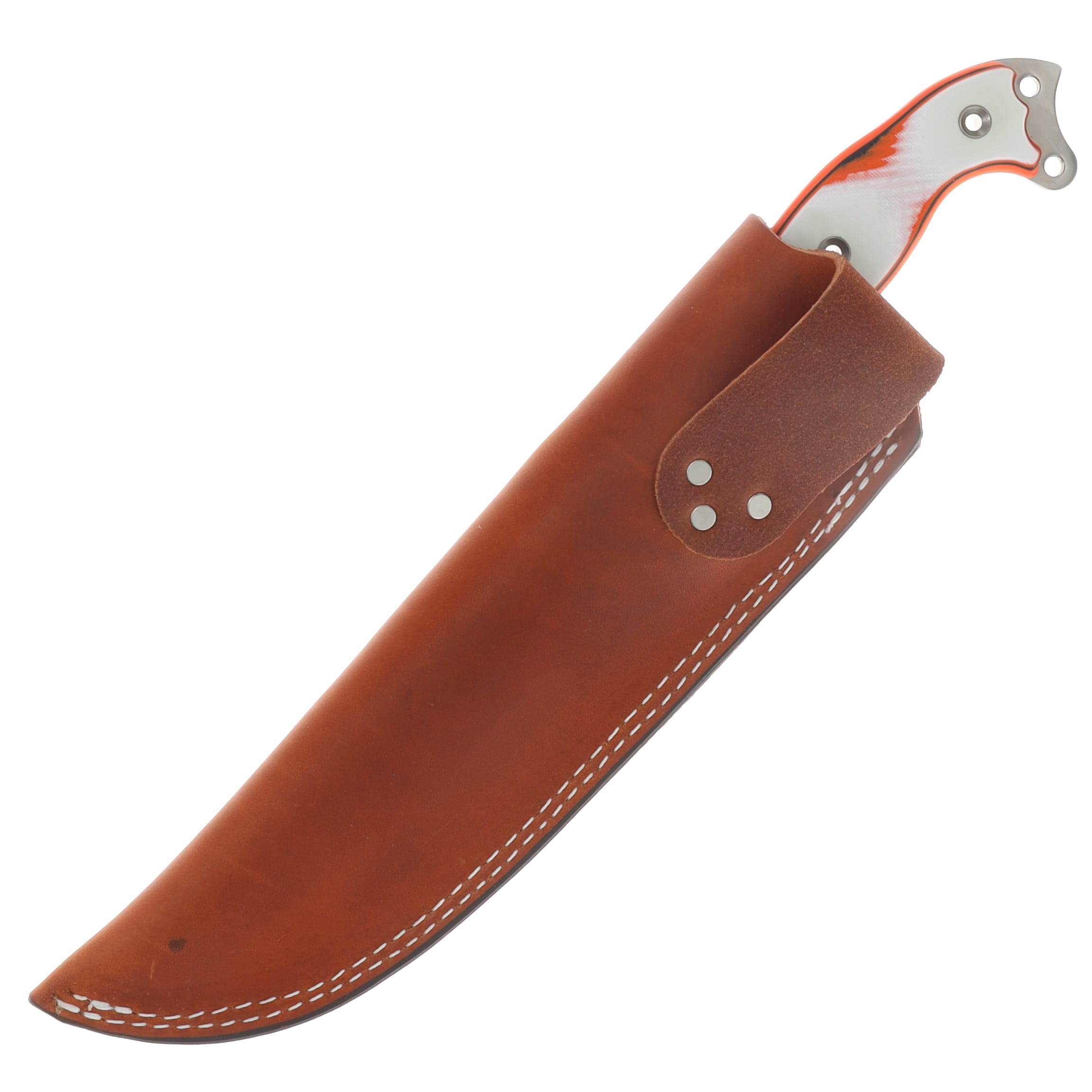 Busse Beating Heart Fixed Knife Satin Blade Nuclear Orange-White Handle Brown Leather Sheath BEATHEARTNUCORWH View 5