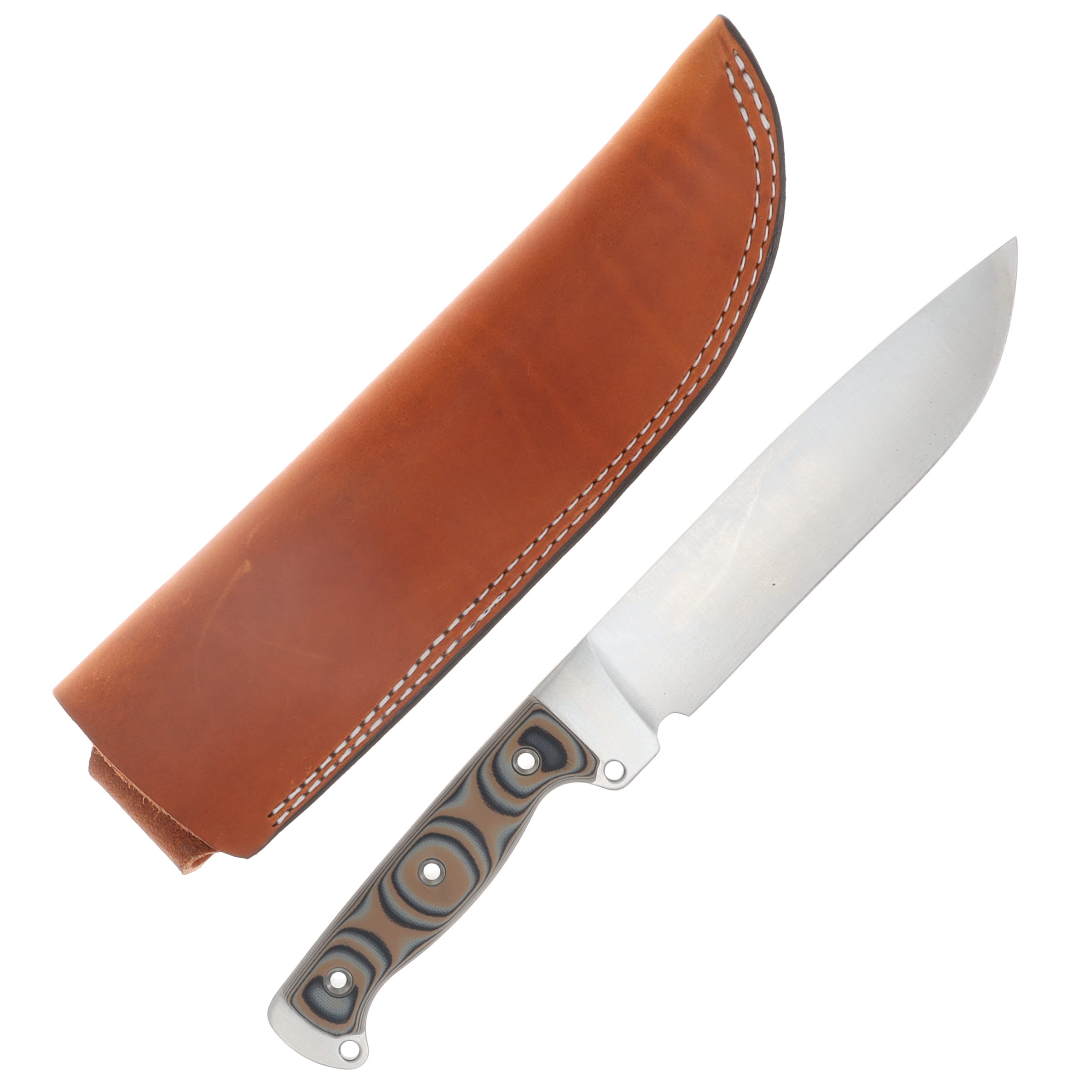 Busse Boss HOG Badger Fixed Knife Satin Blade Nuclear Tan-Black Handle Brown Leather Sheath View 1