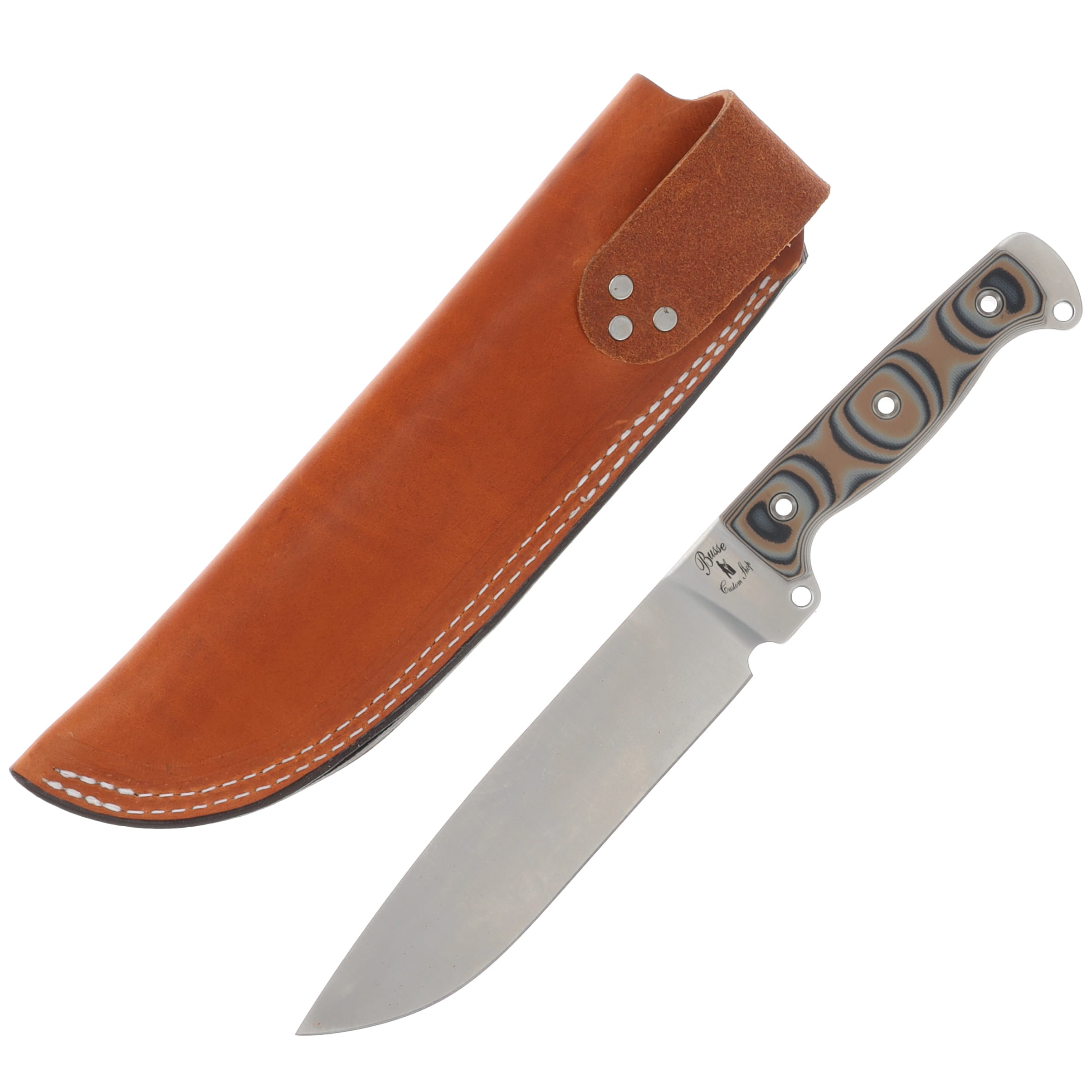 Busse Boss HOG Badger Fixed Knife Satin Blade Nuclear Tan-Black Handle Brown Leather Sheath View 2