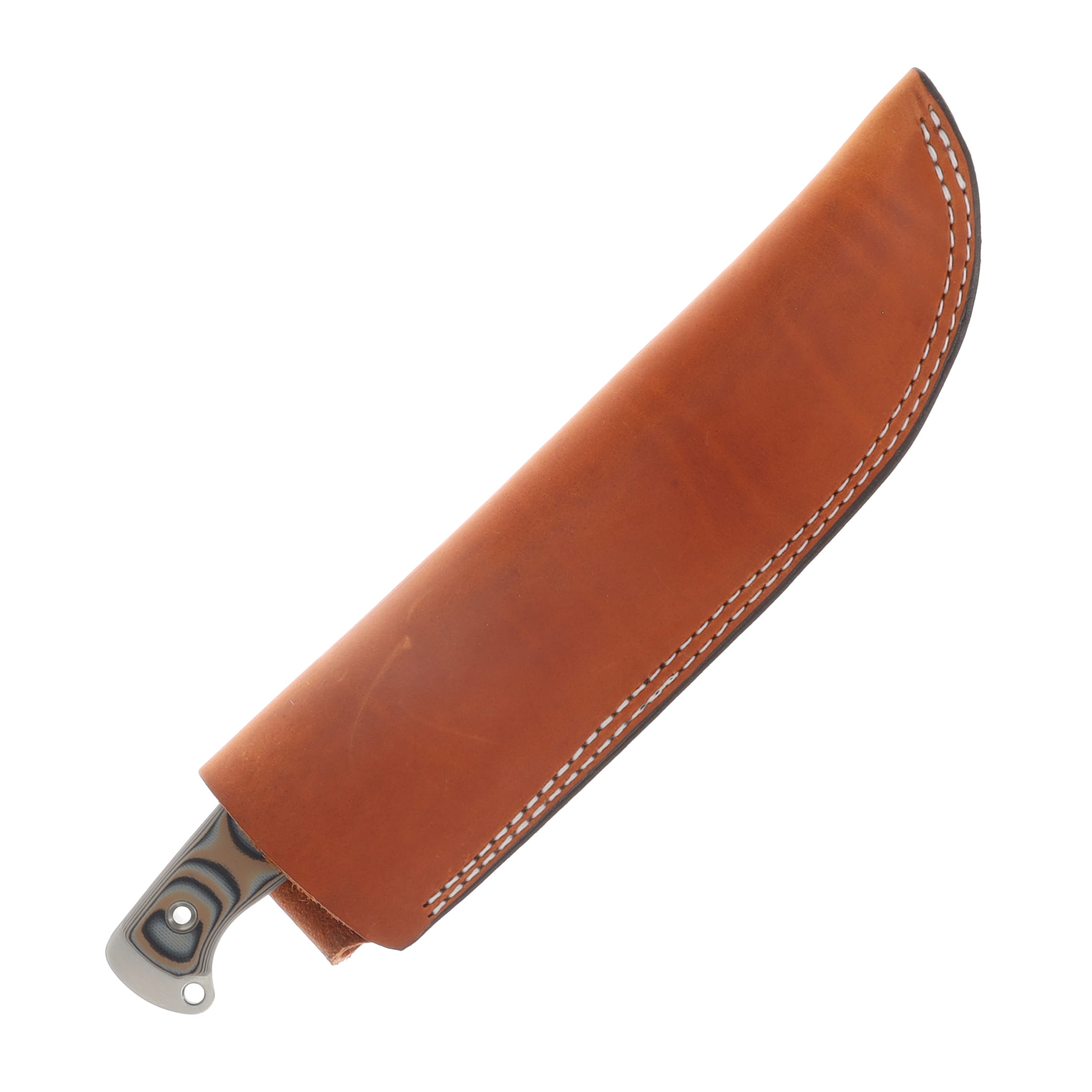 Busse Boss HOG Badger Fixed Knife Satin Blade Nuclear Tan-Black Handle Brown Leather Sheath View 4