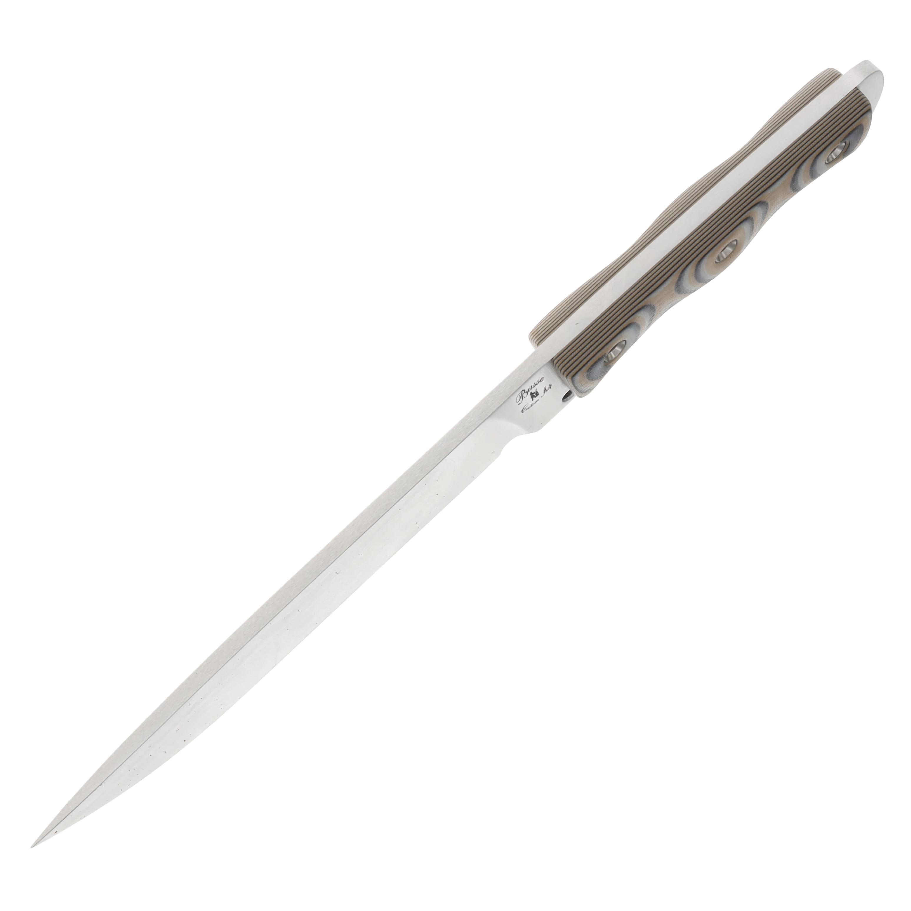 Busse Boss HOG Badger Fixed Knife Satin Blade Nuclear Tan-Black Handle Brown Leather Sheath View 3