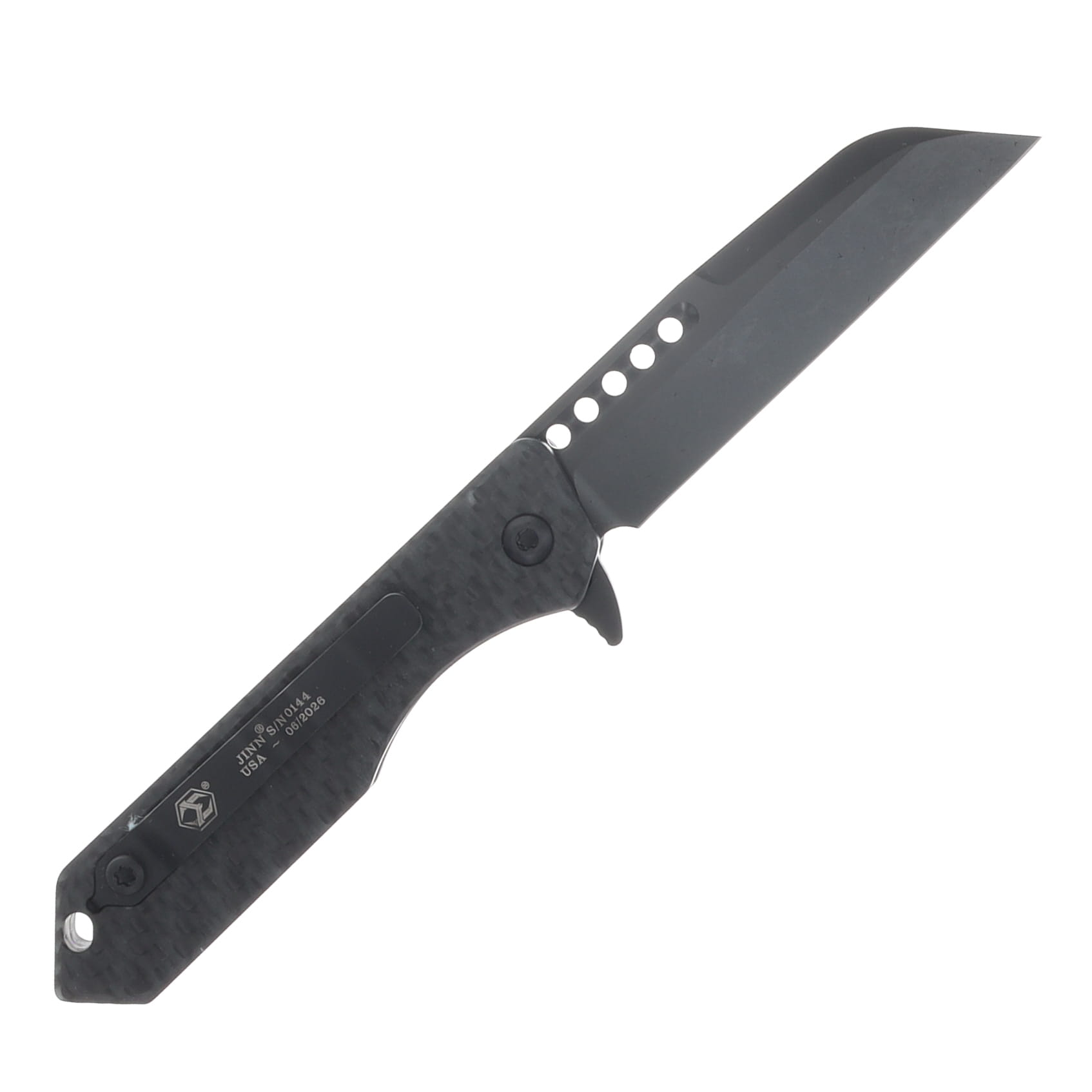 Heretic Jinn Button Lock Folding Knife DLC Magnacut Wharncliffe/Titanium with Glow Carbon Fiber Chassis View 2