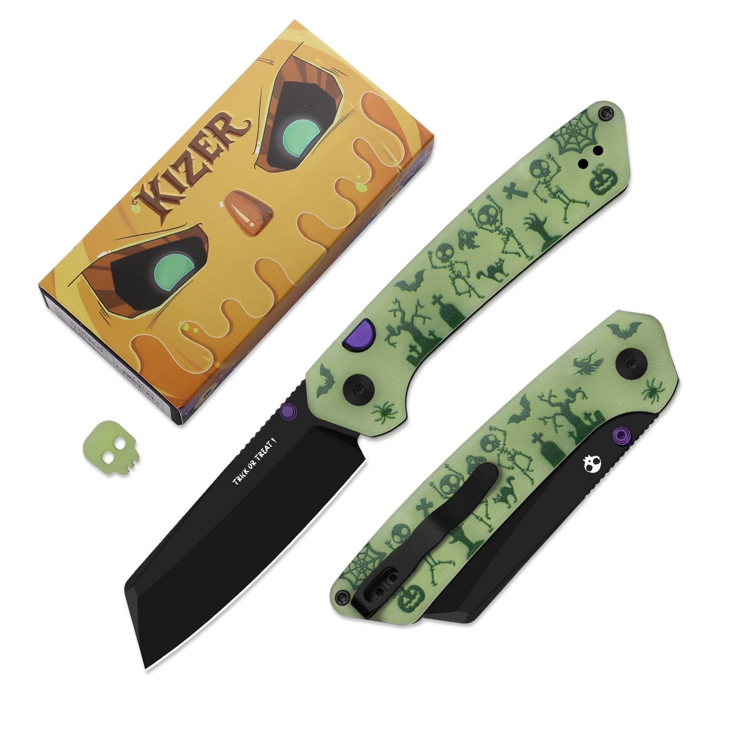 Kizer Halloween 2026 Madrac Button Lock Folding Knife Black PVD/Glow In the Dark Halloween Party G-10 V3693BSHW1 View 2