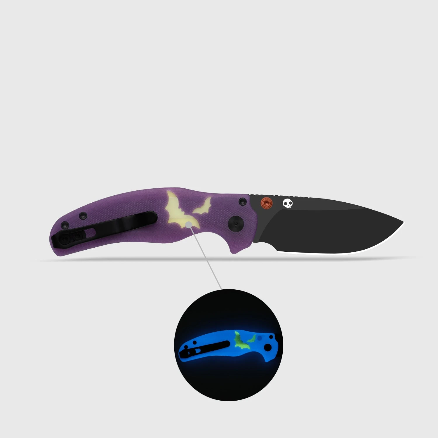 Kizer Halloween 2026 C01C 2.9 Clutch Lock Folding Knife Matte DLC Ultra Elmax/Glow In The Dark Bats Purple G-10 KI3488.29BDHW1 View 1