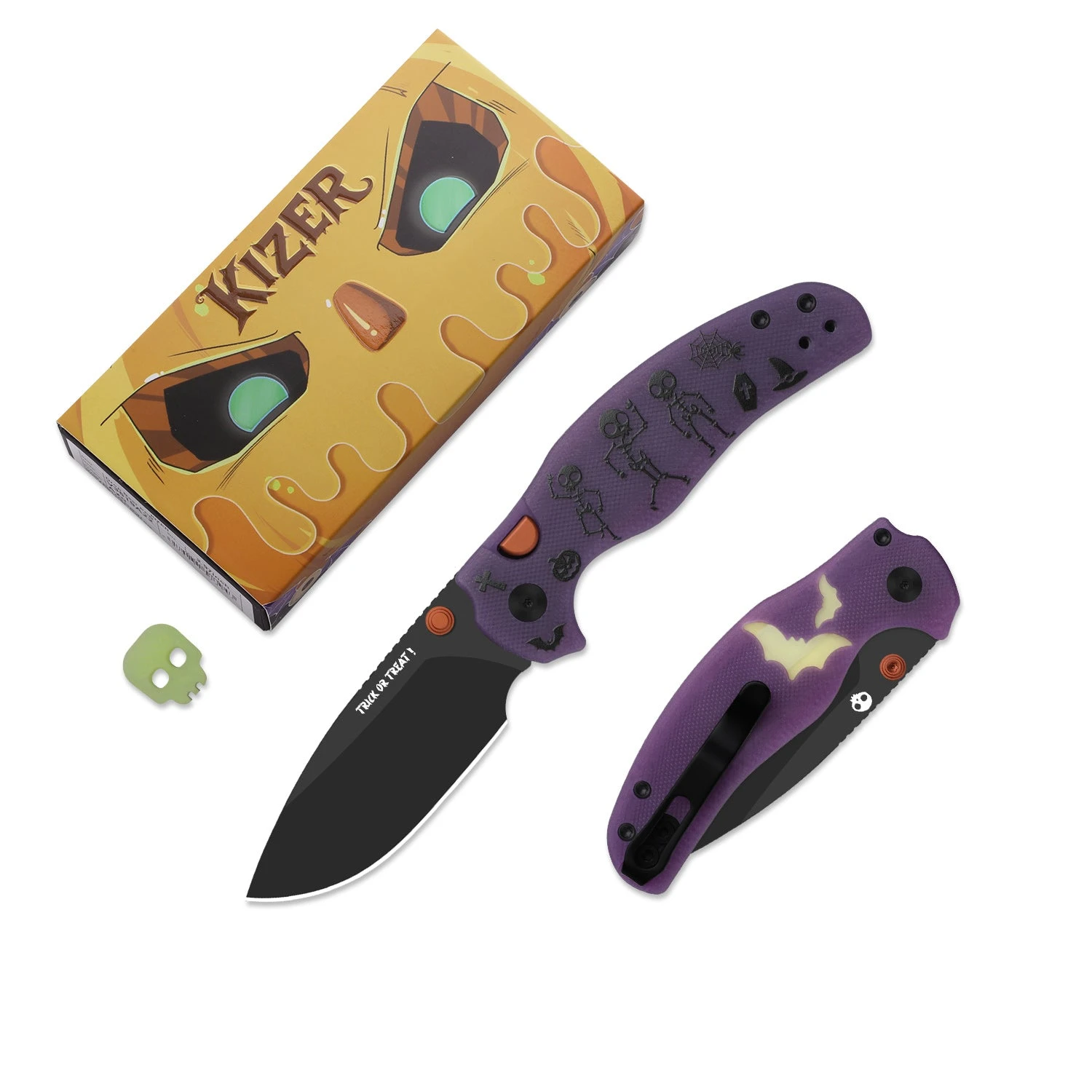 Kizer Halloween 2026 C01C 2.9 Clutch Lock Folding Knife Matte DLC Ultra Elmax/Glow In The Dark Bats Purple G-10 KI3488.29BDHW1 View 2