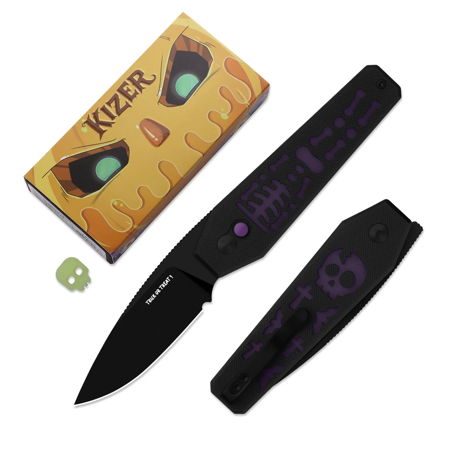 Kizer Halloween 2026 Tomb Button Lock Folding Knife PVD Nitro V/Glow in the Dark G-10 V3692HW2 View 2