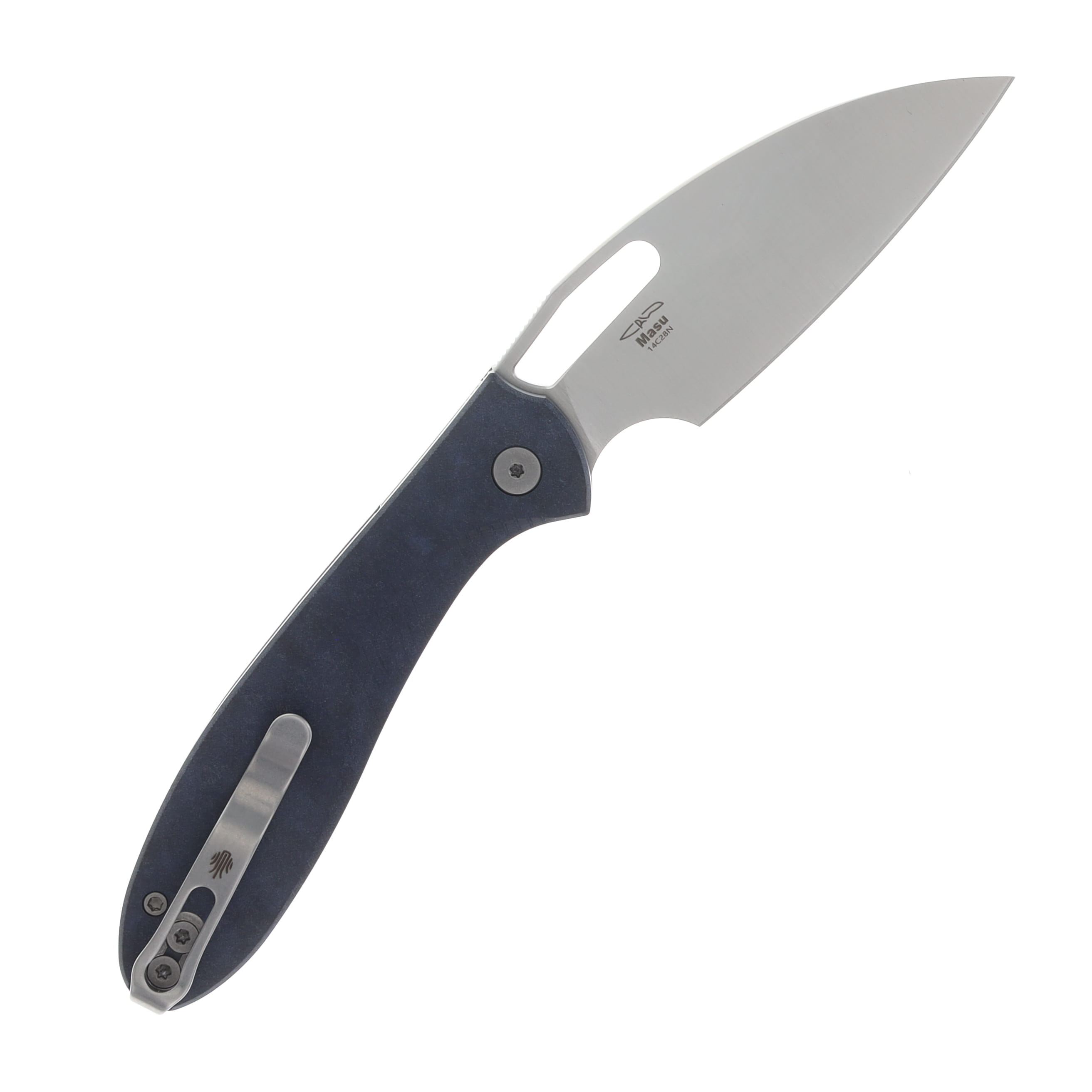 Kizer Masu Button Linerlock Folding Knife Satin 14C28N/Blue Canyon Richlite V3697A1 View 2