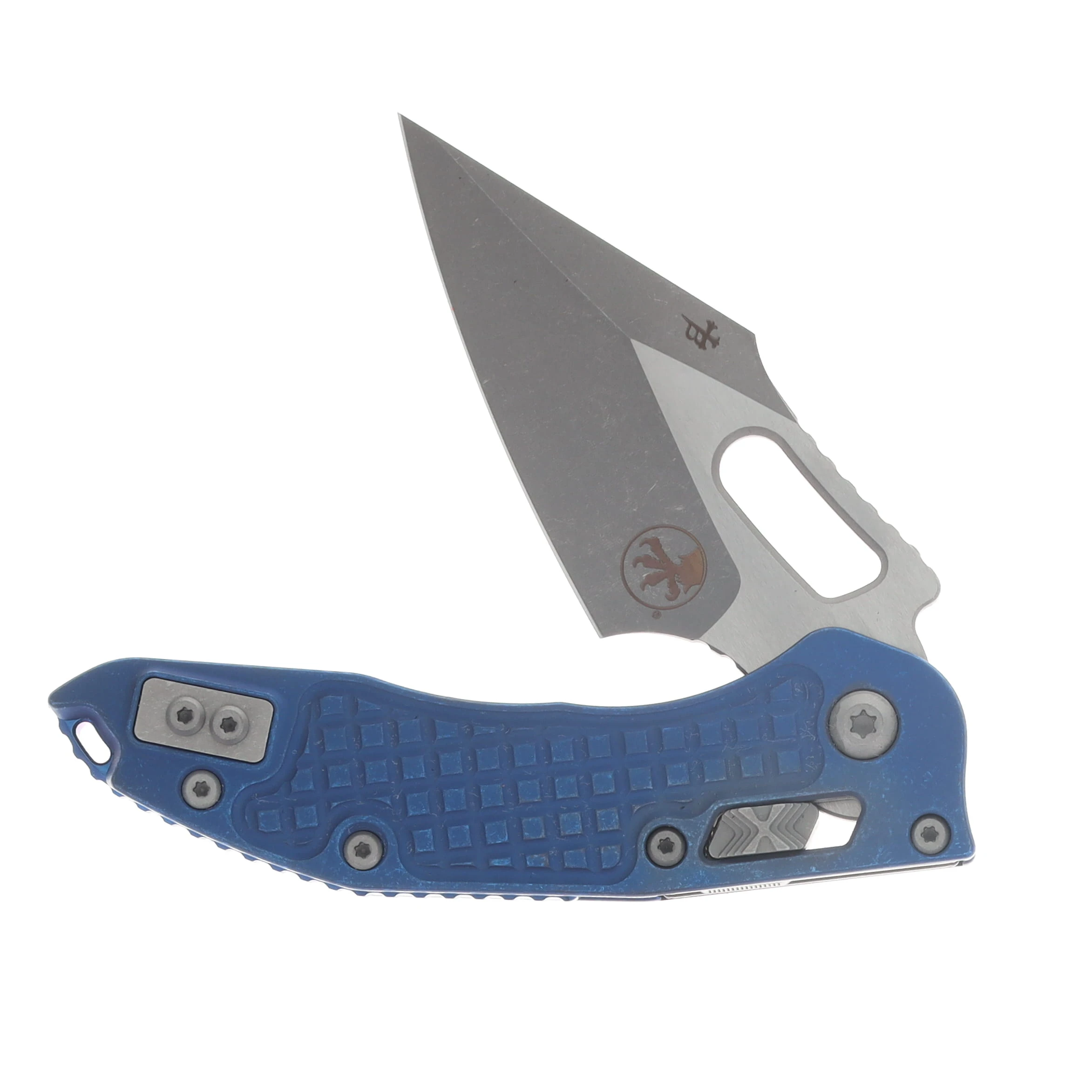 Microtech Stitch- RAM-LOK Folder Marfione Select Apocalyptic Antique Blue Anodized Frag TI W/Blue TI Accent Apocalyptic Finish Stainless MT169RL10APFRMS2 View 3