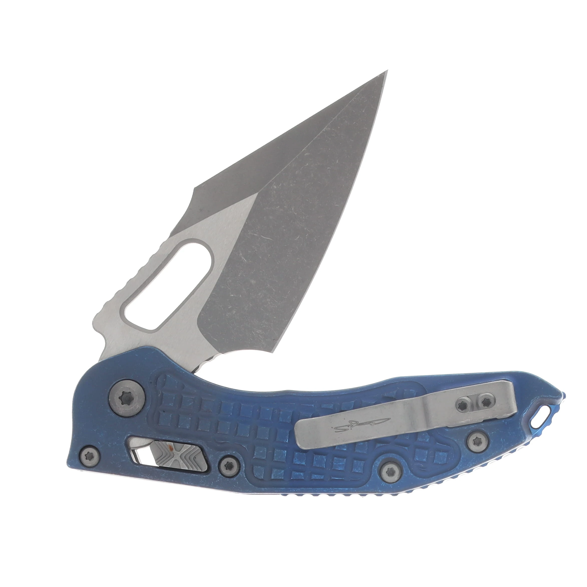 Microtech Stitch- RAM-LOK Folder Marfione Select Apocalyptic Antique Blue Anodized Frag TI W/Blue TI Accent Apocalyptic Finish Stainless MT169RL10APFRMS2 View 4