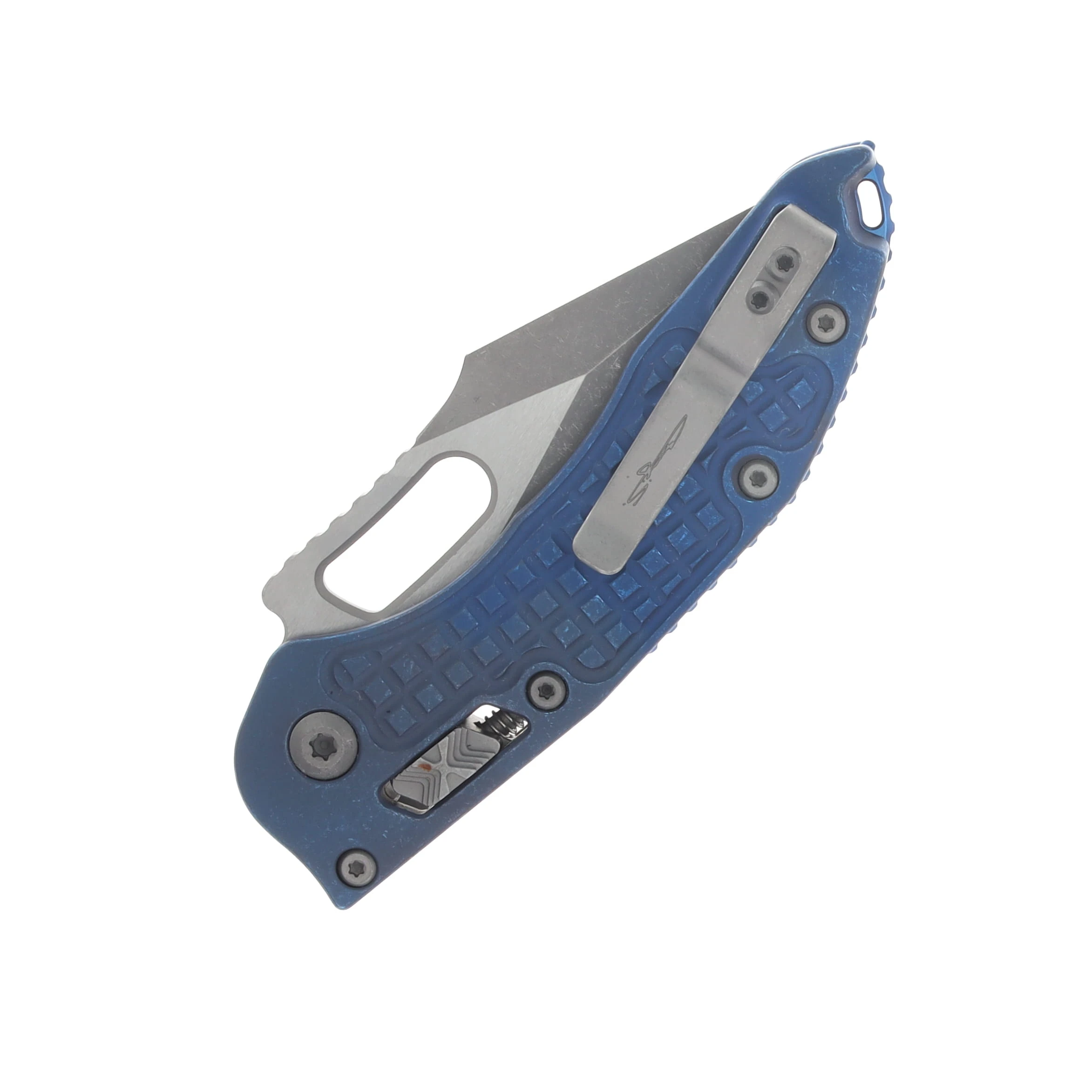 Microtech Stitch- RAM-LOK Folder Marfione Select Apocalyptic Antique Blue Anodized Frag TI W/Blue TI Accent Apocalyptic Finish Stainless MT169RL10APFRMS2 View 6