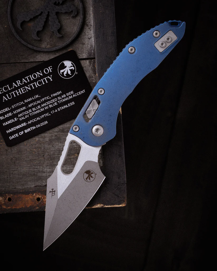 Microtech Stitch RAM-LOK Folder Marfione Select Apocalyptic Antique Blue Anodized Slab Side TI W/Blue TI Accent Apocalyptic Finish Stainless MT169RL10APMS2 View 12