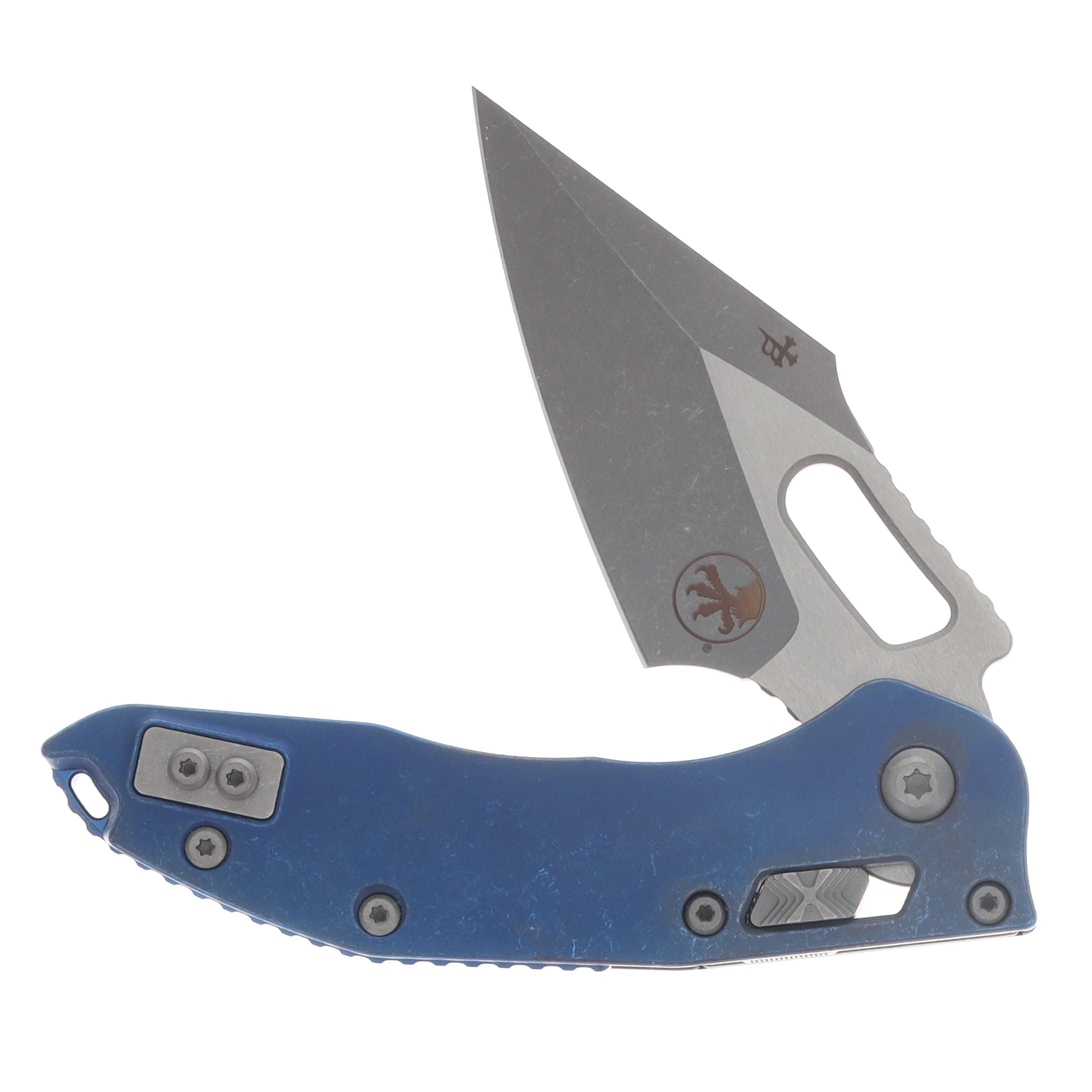 Microtech Stitch RAM-LOK Folder Marfione Select Apocalyptic Antique Blue Anodized Slab Side TI W/Blue TI Accent Apocalyptic Finish Stainless MT169RL10APMS2 View 3