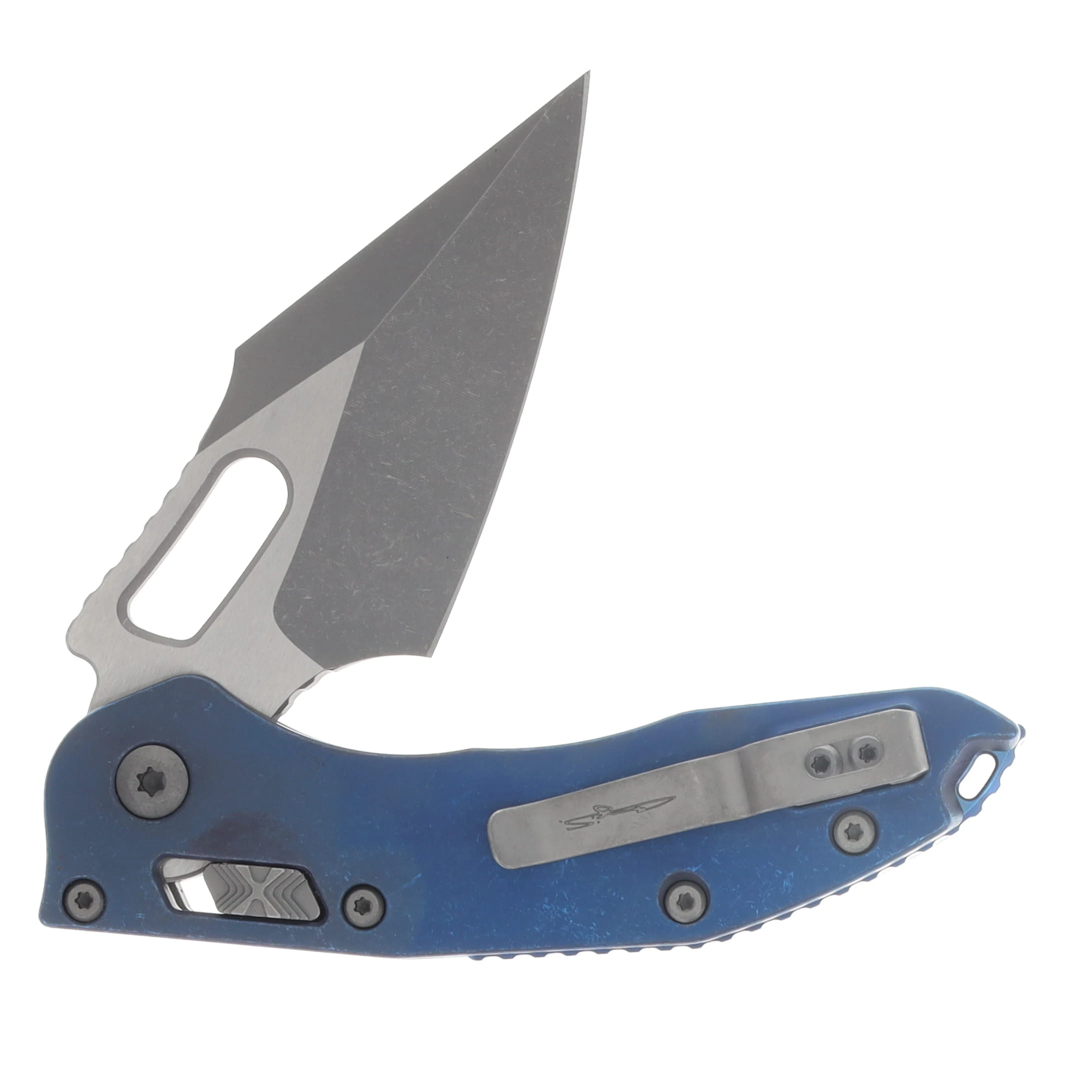 Microtech Stitch RAM-LOK Folder Marfione Select Apocalyptic Antique Blue Anodized Slab Side TI W/Blue TI Accent Apocalyptic Finish Stainless MT169RL10APMS2 View 4