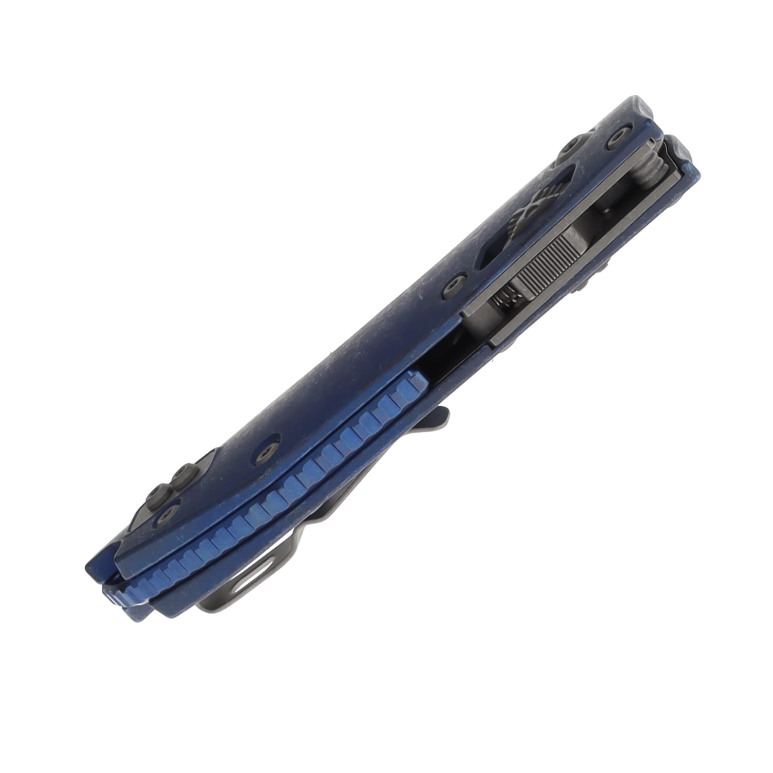 Microtech Stitch RAM-LOK Folder Marfione Select Apocalyptic Antique Blue Anodized Slab Side TI W/Blue TI Accent Apocalyptic Finish Stainless MT169RL10APMS2 View 7