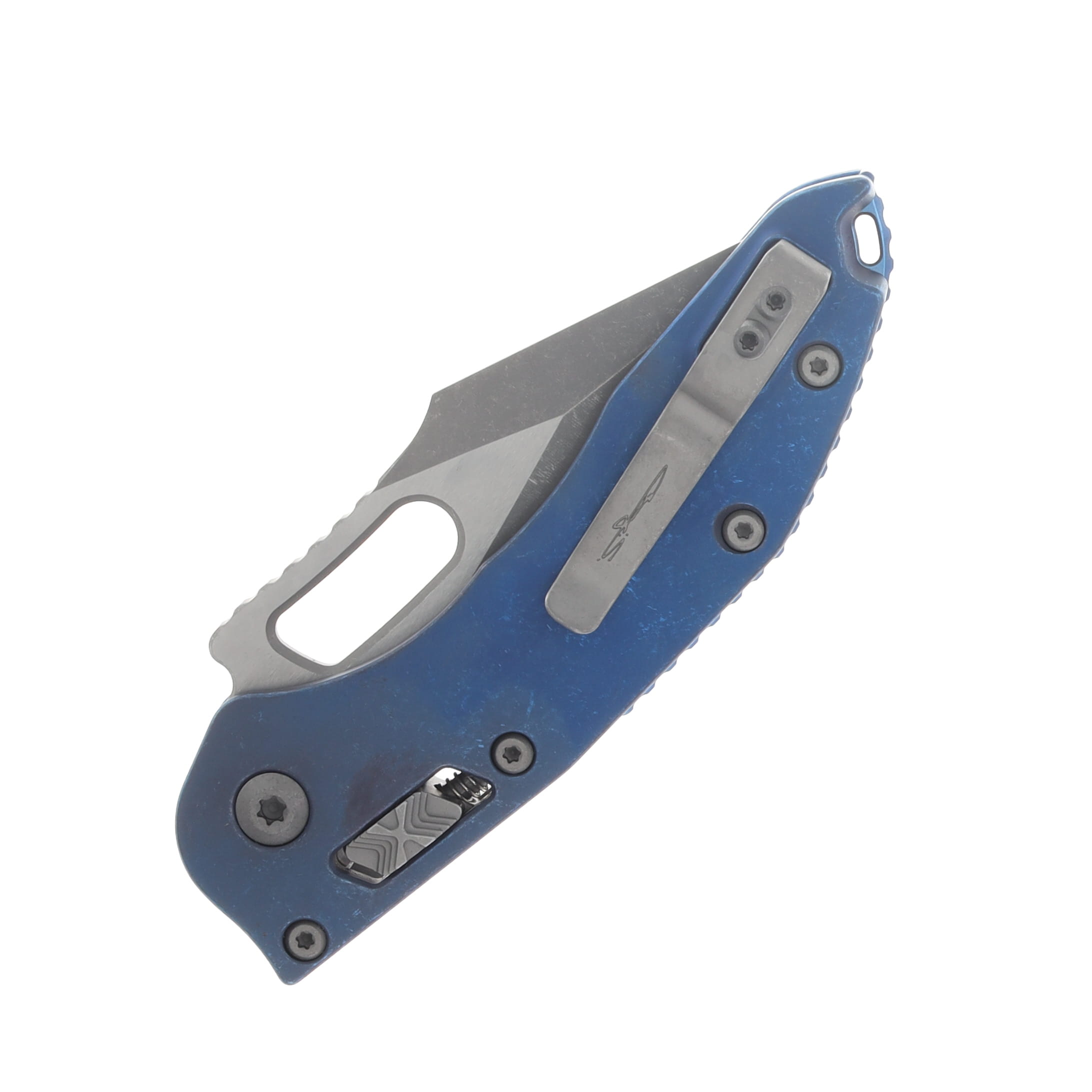 Microtech Stitch RAM-LOK Folder Marfione Select Apocalyptic Antique Blue Anodized Slab Side TI W/Blue TI Accent Apocalyptic Finish Stainless MT169RL10APMS2 View 6