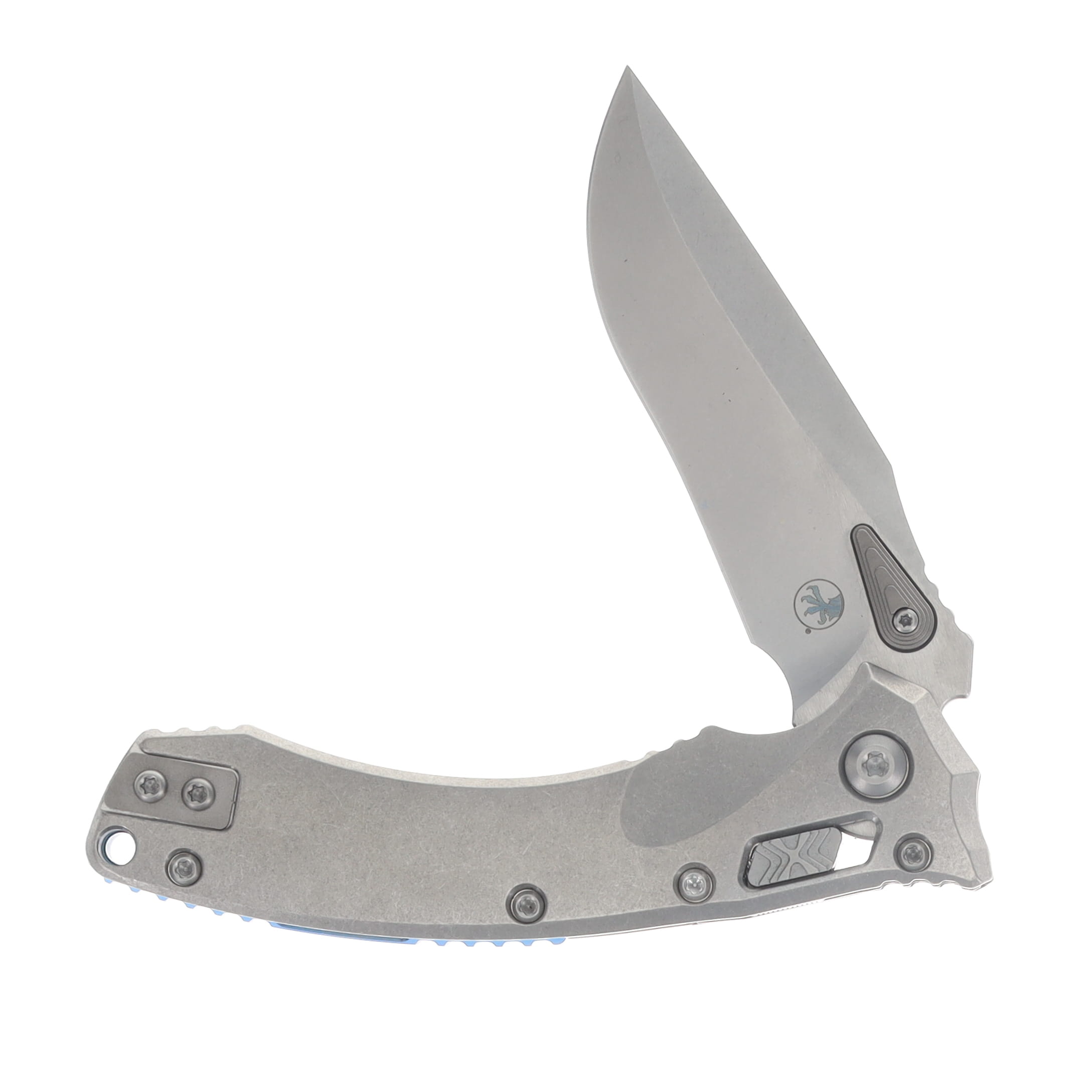 Microtech Amphibian Mini RAM-LOK Folder Marfione Select SW - SW Slab Side TI W/ Blue TI Accent Double Vapor Blast Stainless MT137MRL10MS2 View 3