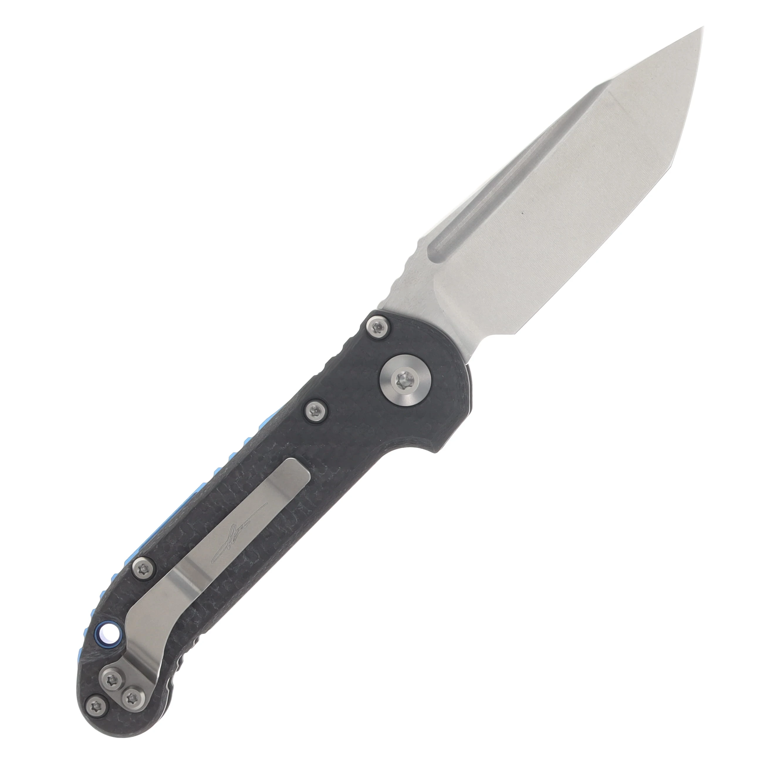 Microtech L.U.D.T. OTS Auto T/E Marfione Select SW Slab Side Carbon Fiber w/Blue TI Accent AUMT113610MS14 View 2