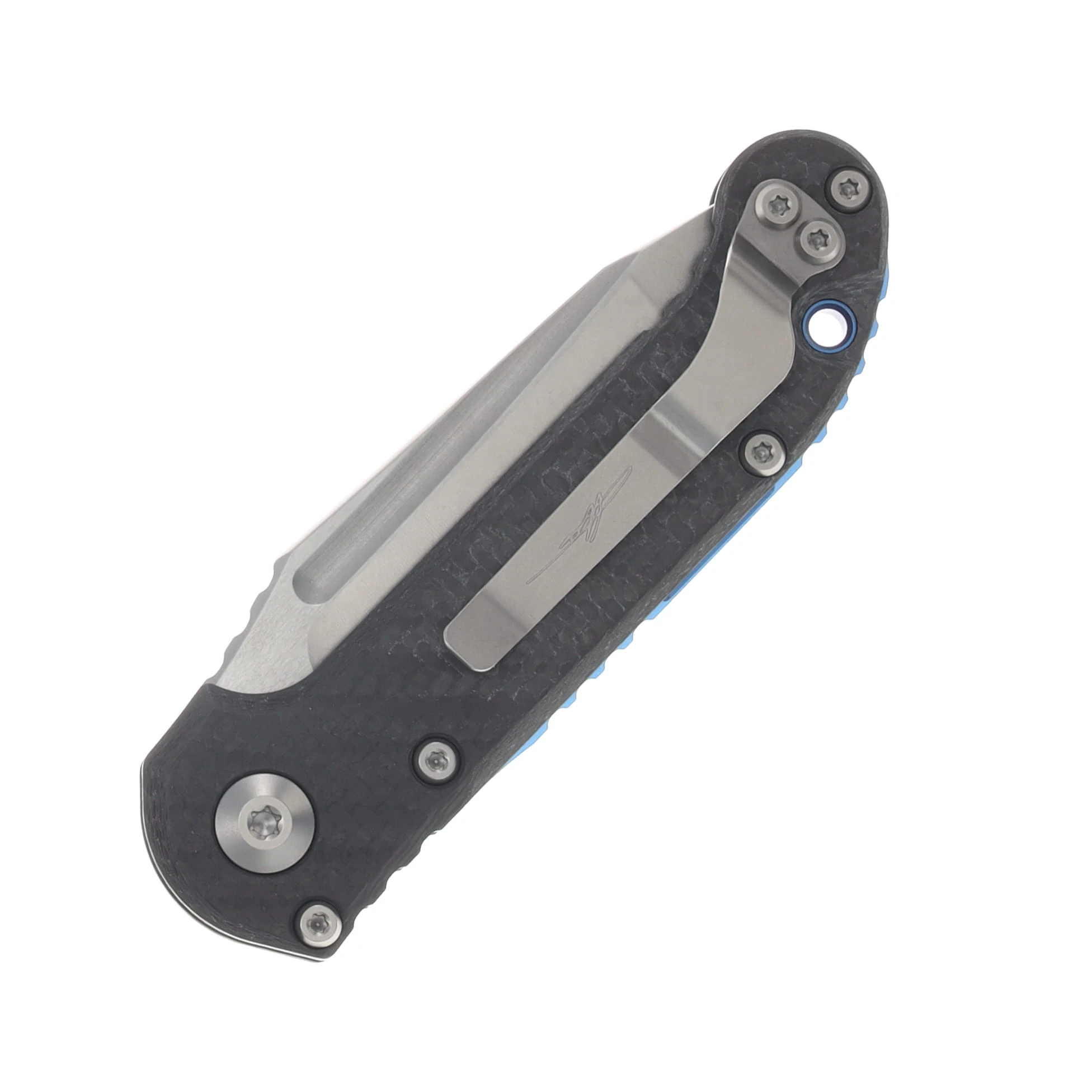 Microtech L.U.D.T. OTS Auto T/E Marfione Select SW Slab Side Carbon Fiber w/Blue TI Accent AUMT113610MS14 View 4