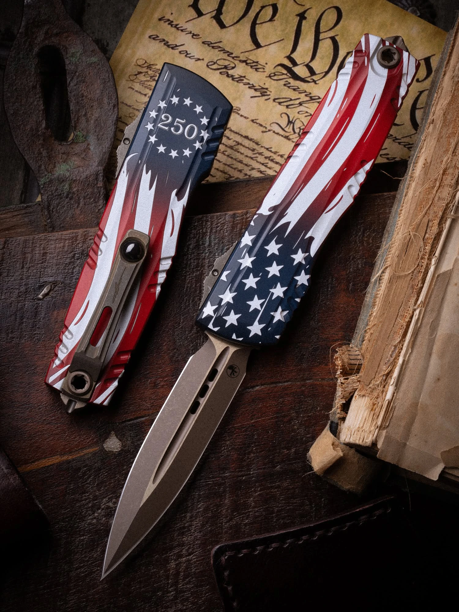 Microtech Luminary ZBP OTF Auto D/E Signature Series 250th Ann 4th of July Bronzed Apocalyptic Standard Tritium Button Insert AUMT127013APS4J250 View 9