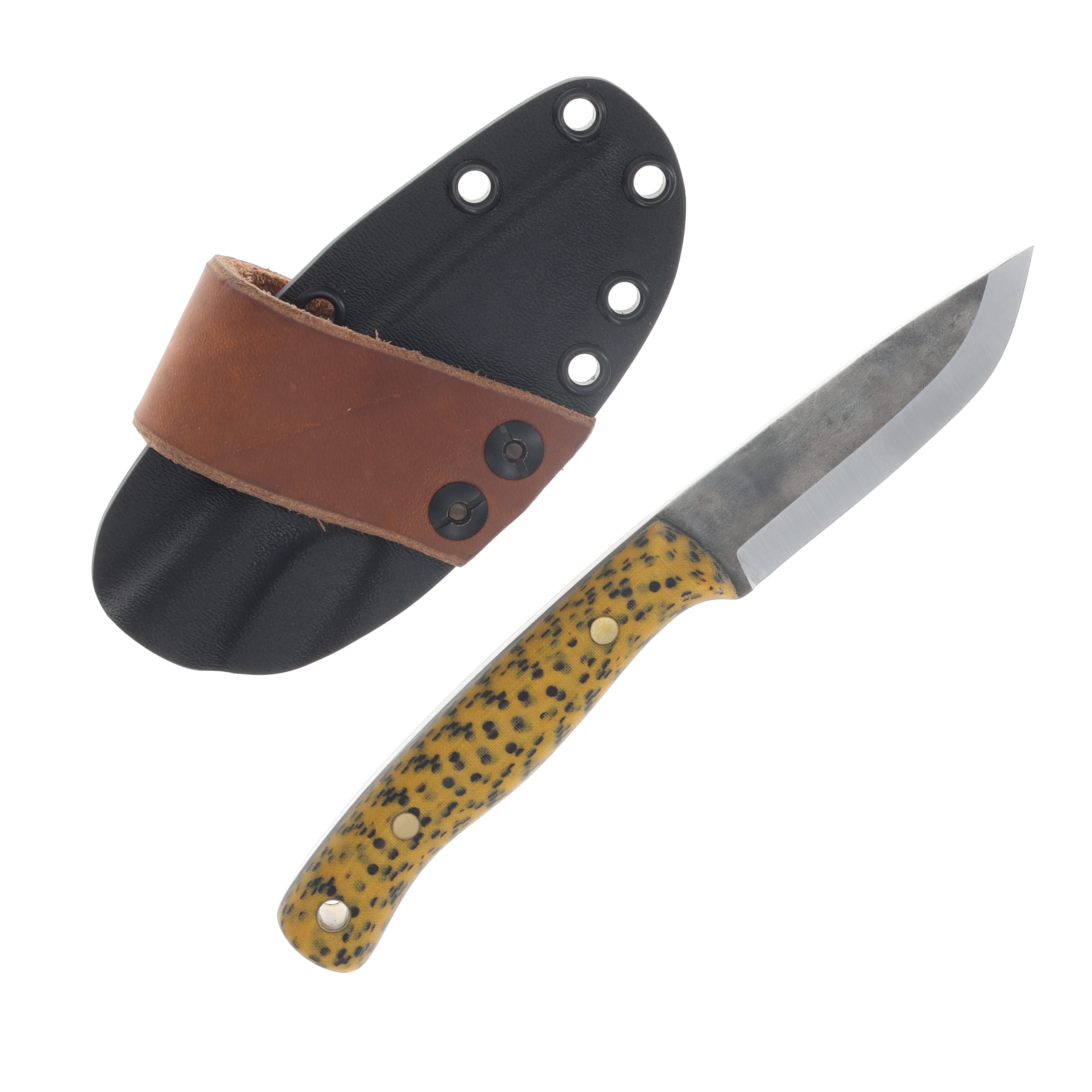 Samuel Riner Custom Knives Dark Hollow Fixed Blade Forged 80CrV2 Scandi Grind/Trout Yellow Micarta SRKDH1 View 2