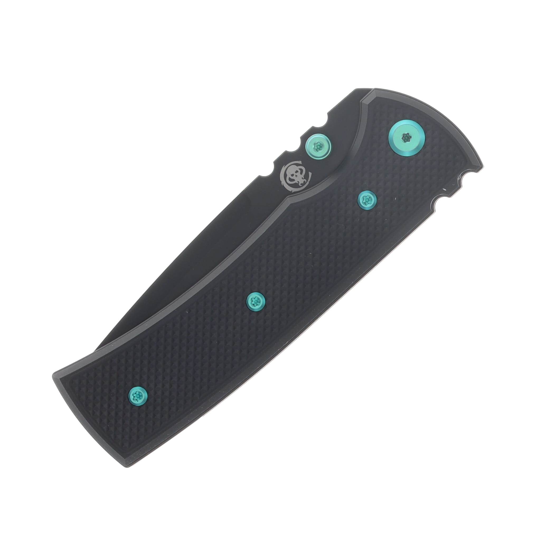 Chaves Blue Label Redencion Street Linerlock Folding Knife PVD Tanto/Knurled Black with Green Accents View 5