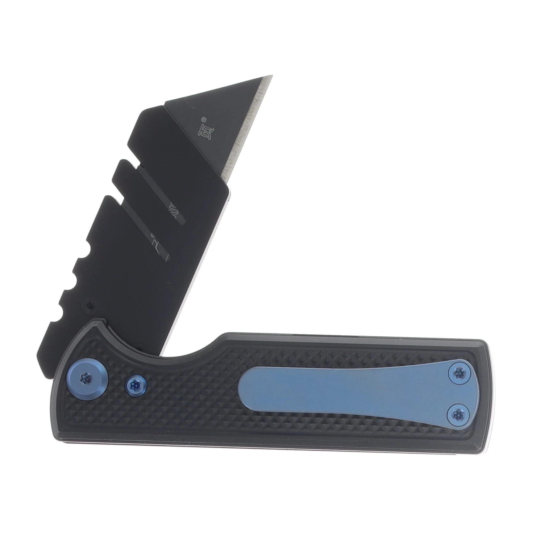 Chaves Blue Label - Aluminum Knurled C.H.U.B.  Flipper  Black  PVD   Linerlock  Blue  Ti Razor  Blade CK-7C2-5C6B-2D1-BLUE View 5
