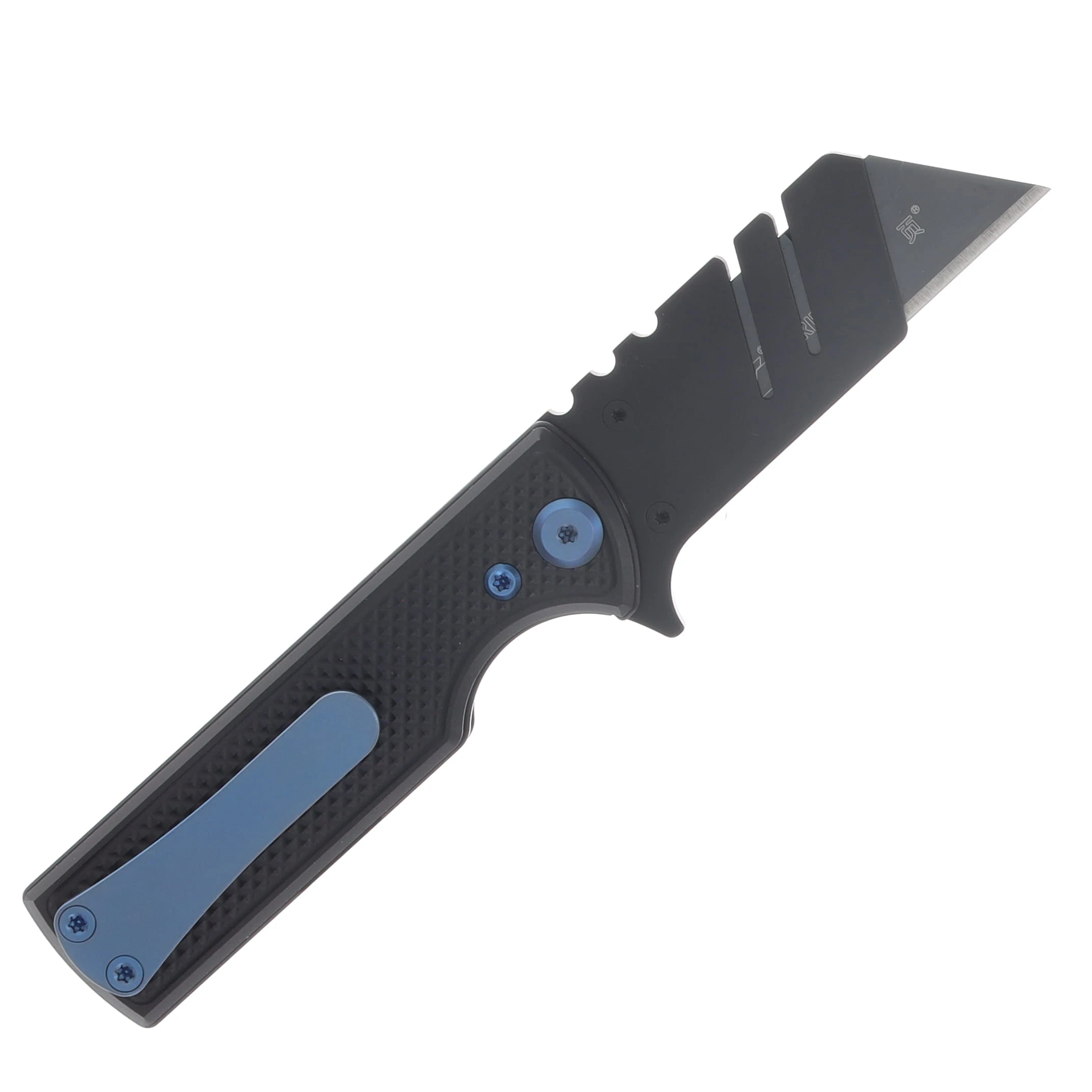 Chaves Blue Label - Aluminum Knurled C.H.U.B.  Flipper  Black  PVD   Linerlock  Blue  Ti Razor  Blade CK-7C2-5C6B-2D1-BLUE View 2