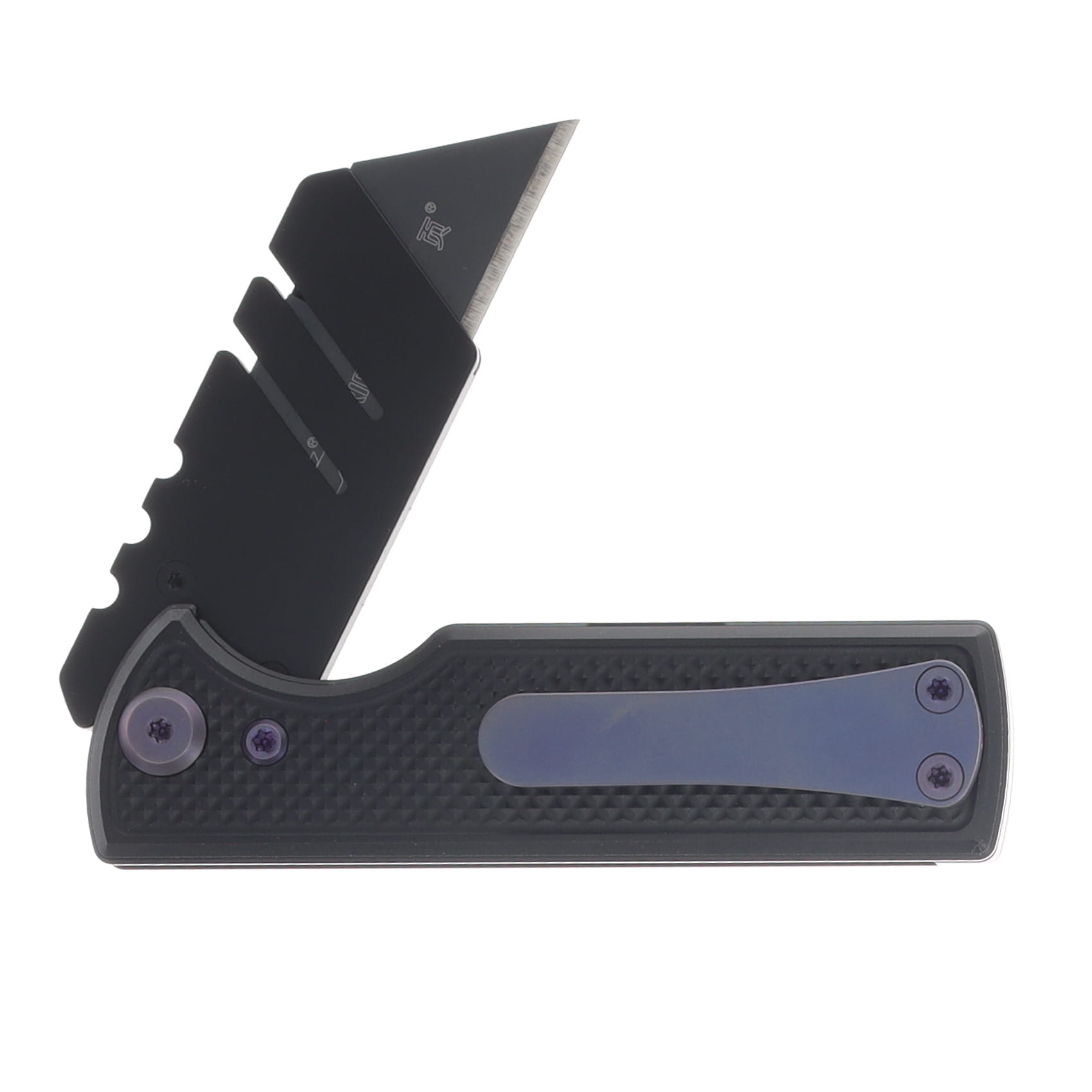 Chaves Blue Label - Aluminum Knurled C.H.U.B.  Flipper  Black  PVD   Linerlock  Purple  Ti Razor  Blade CK-7C2-5C6B-2D1-PRP View 4