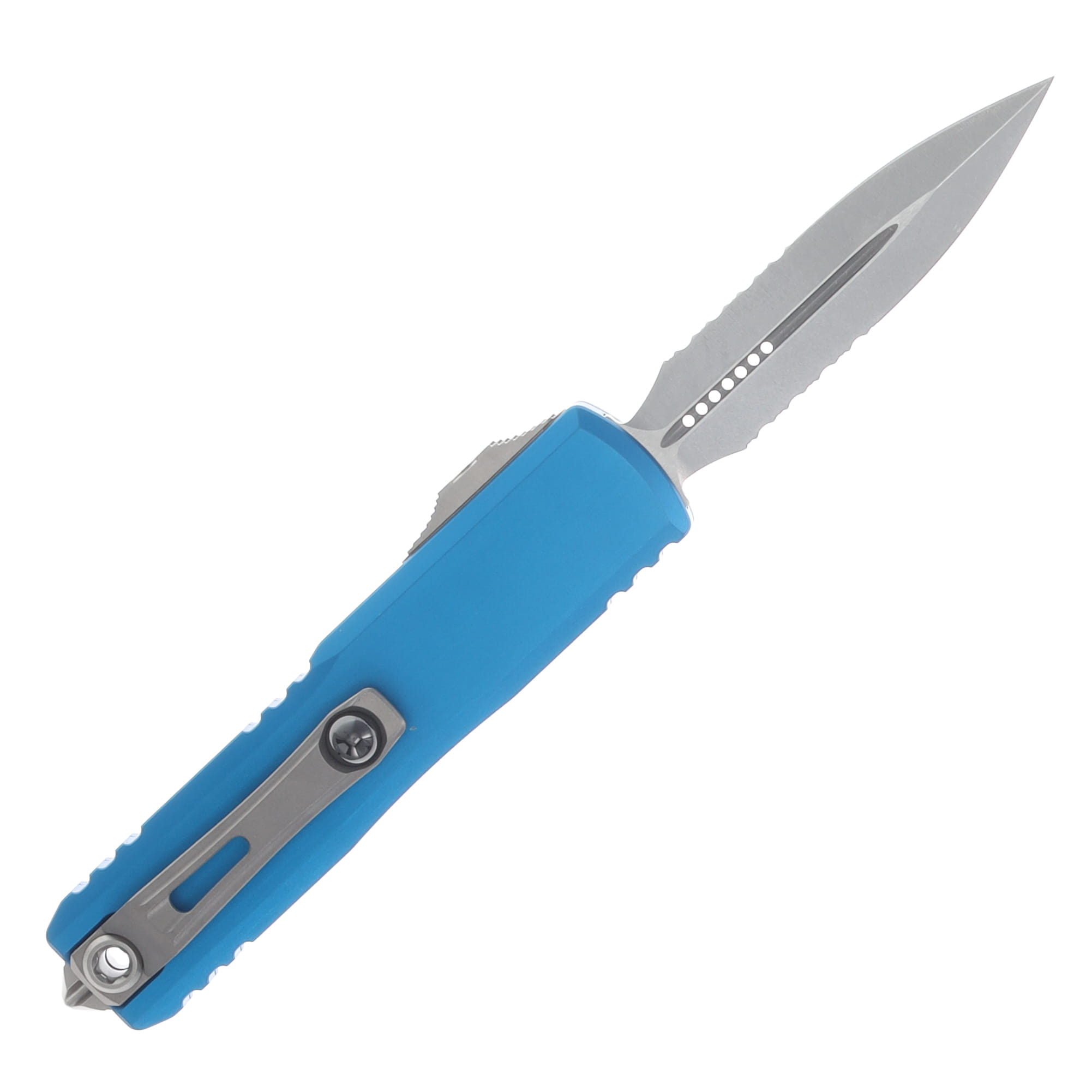 Microtech UTX-85 GEN IV OTF Auto D/E Stonewash Part Serrate Blue AUMT1232411BL View 2