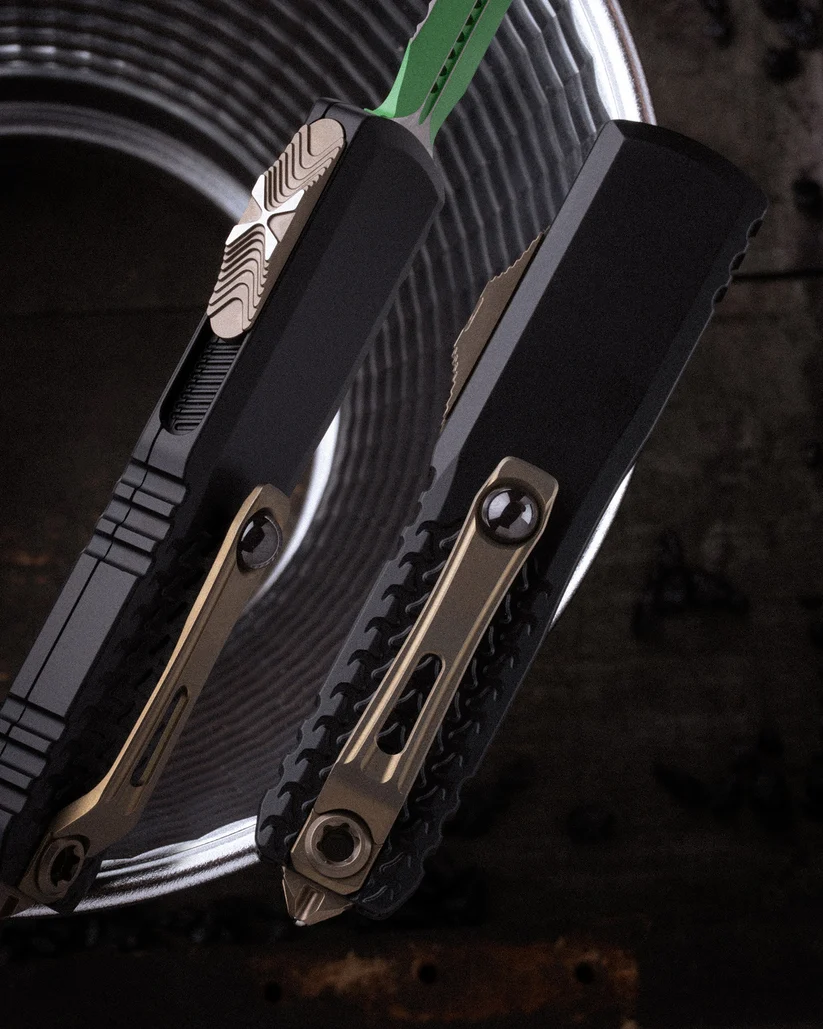 Microtech UTX-85 GEN IV OTF Auto D/E Serrated Jedi Master W/Green Blade Bronze Hardware Black Chassis AUMT123243JM View 10