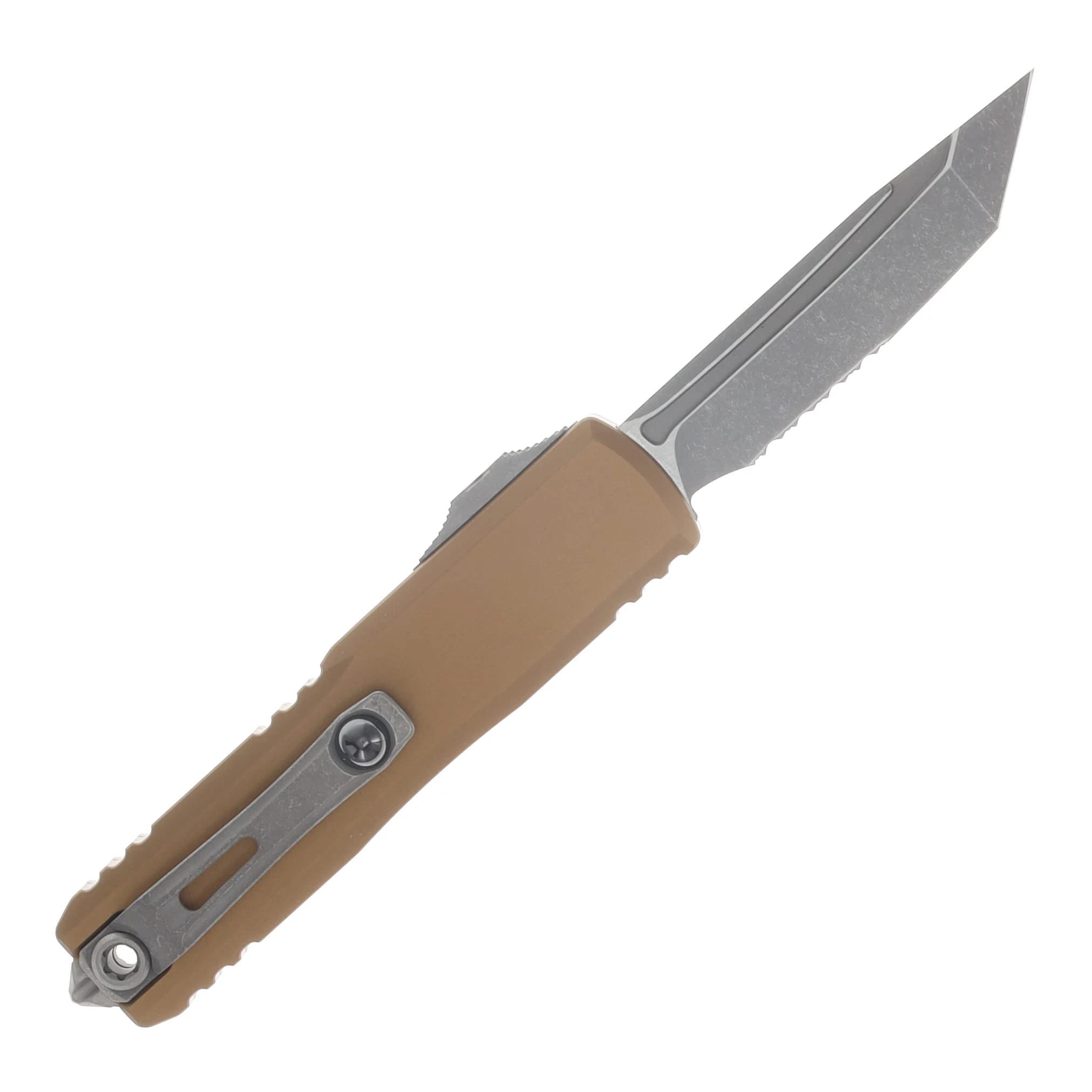 Microtech UTX-85 GEN IV OTF Auto T/E Apocalyptic Part Serrate Tan AUMT1233411APTA View 2
