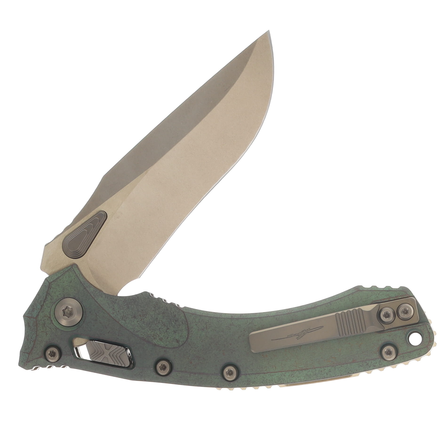 Microtech Amphibian RAM-LOK Folder Marfione Select Bronzed SW -Antique Green ANO Slab Side TI W/ Bronze TI Accent MT137RL13MS1 View 4