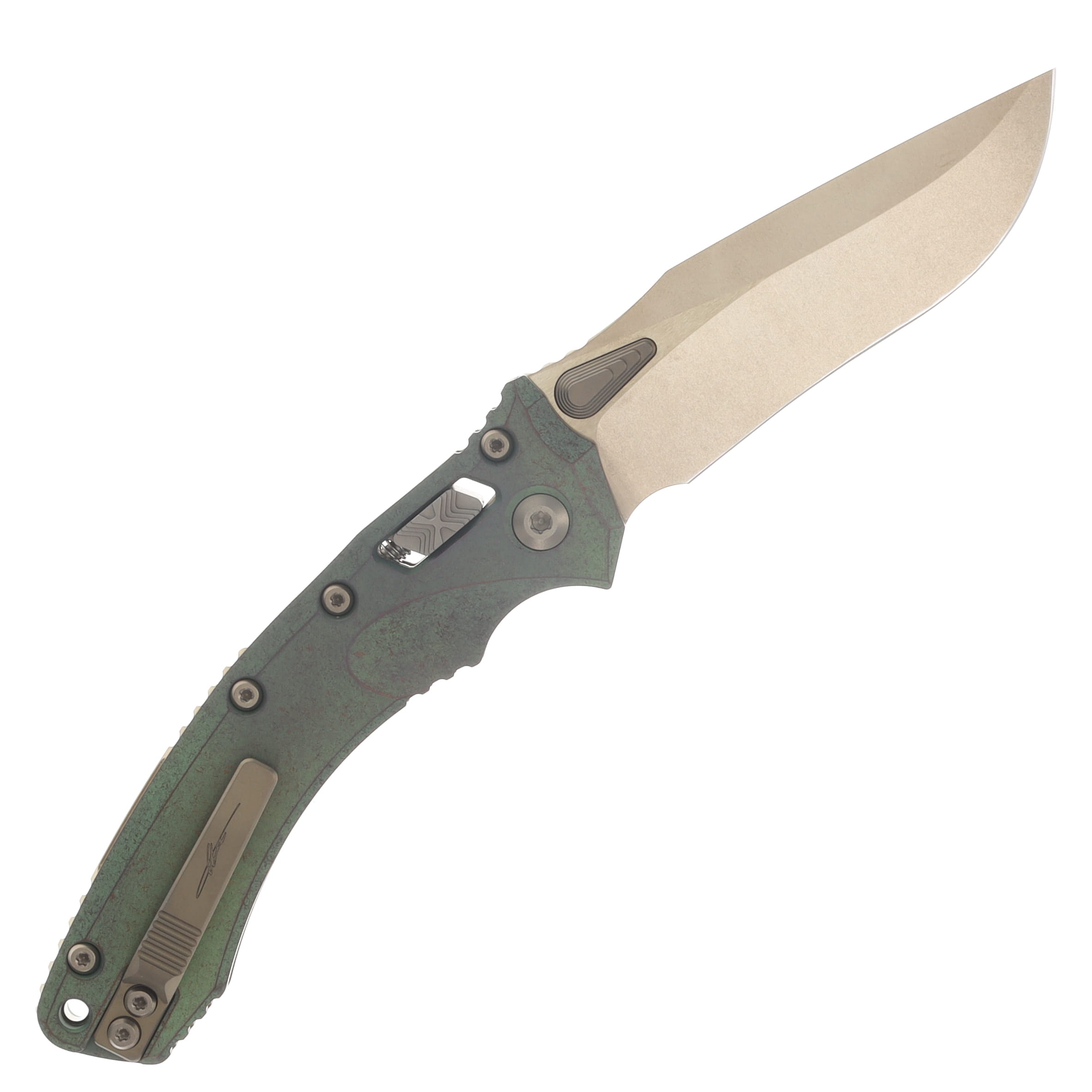 Microtech Amphibian RAM-LOK Folder Marfione Select Bronzed SW -Antique Green ANO Slab Side TI W/ Bronze TI Accent MT137RL13MS1 View 2