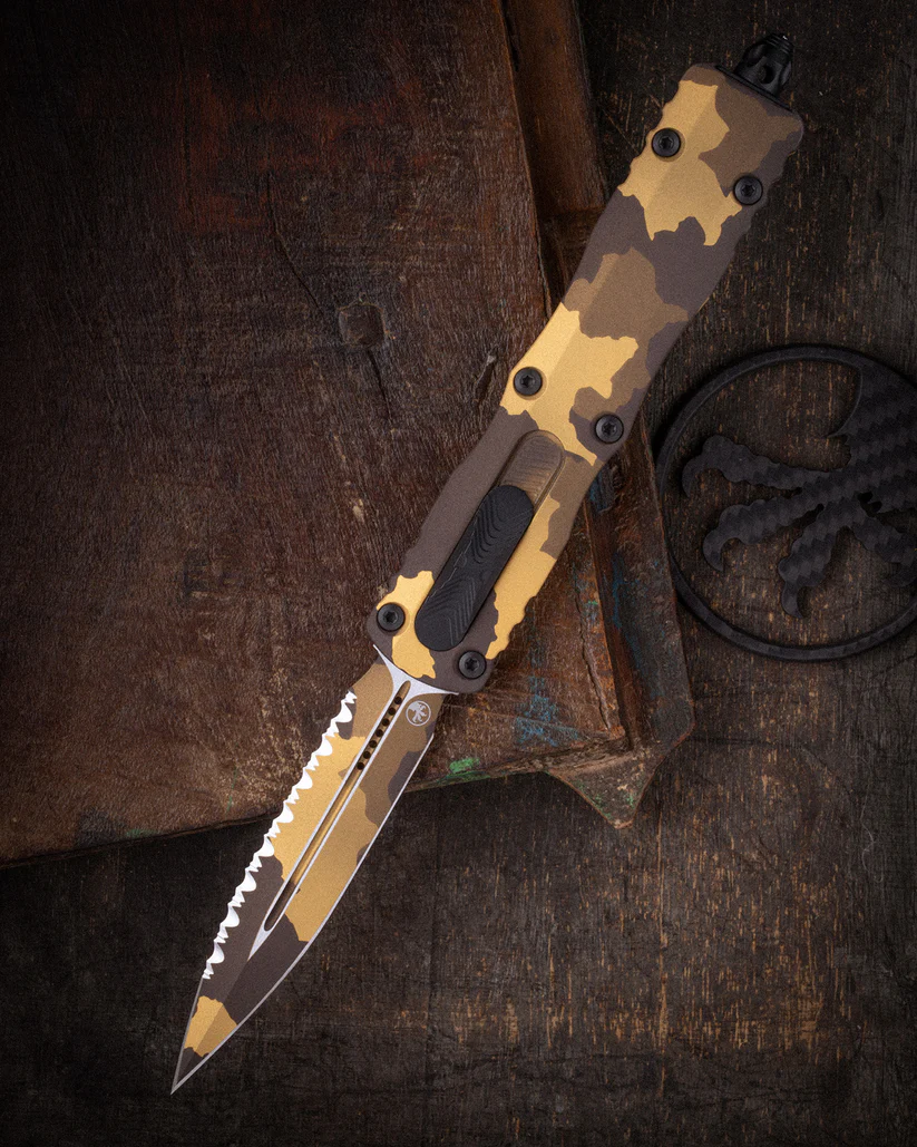 Microtech Dirac Delta® OTF Auto D/E Signature Series Gold Camo Full Serrated AUMT2273GCSZ4 View 8