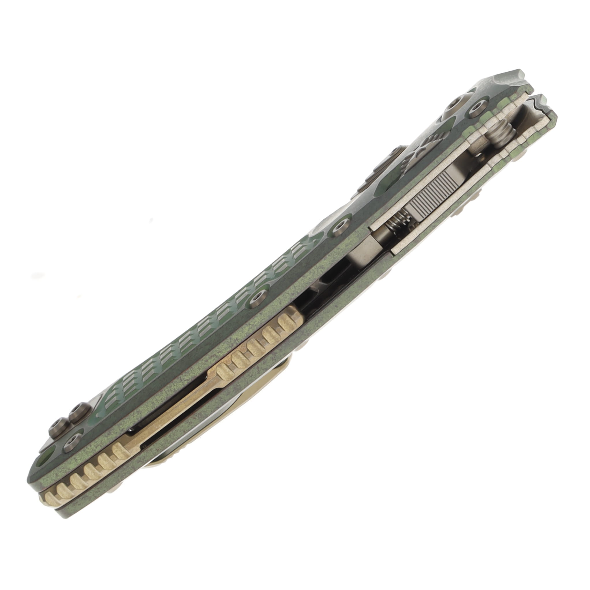 Microtech Amphibian RAM-LOK Folder Marfione Select PS Bronzed SW - Antique Green ANO Frag Side TI W/Bronze TI Accent MT137RL14FRMS1 View 7