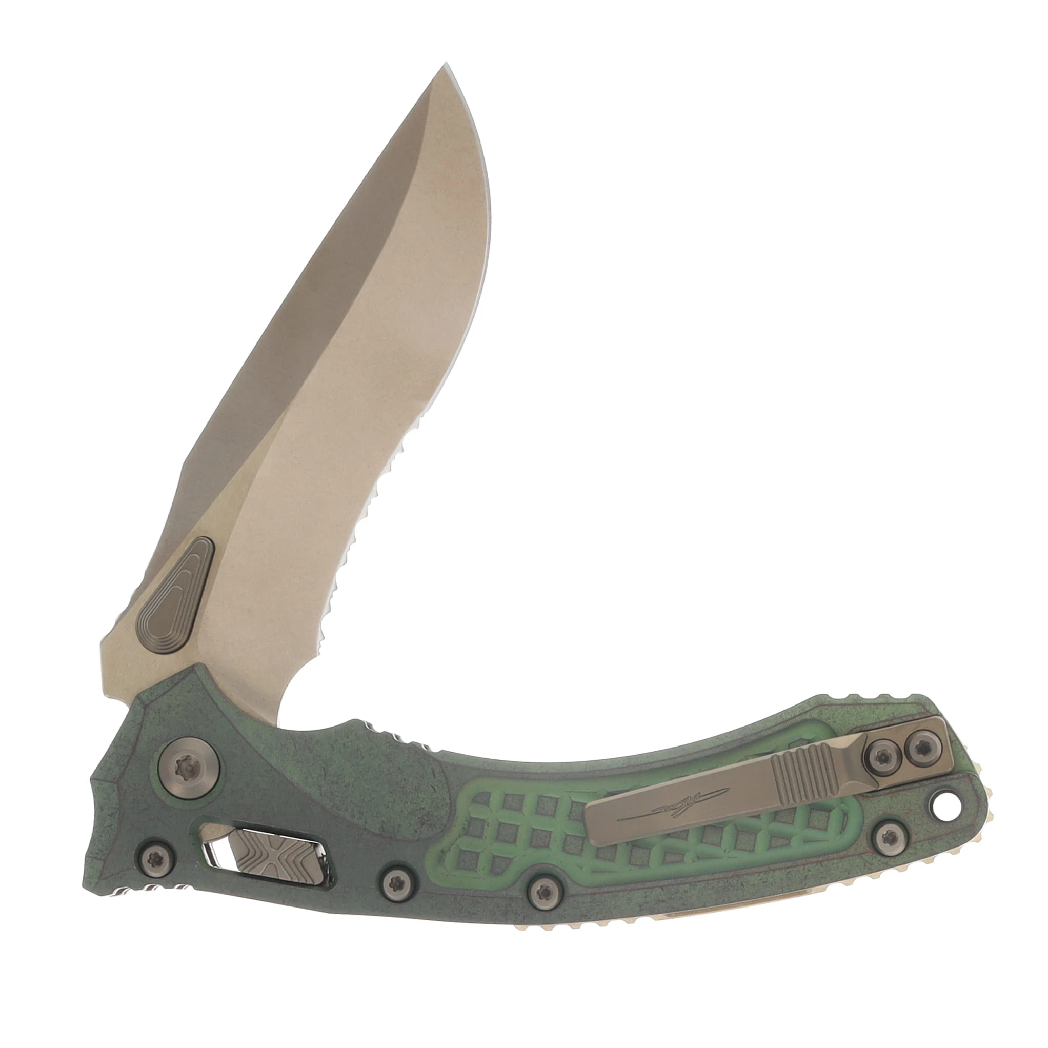 Microtech Amphibian RAM-LOK Folder Marfione Select PS Bronzed SW - Antique Green ANO Frag Side TI W/Bronze TI Accent MT137RL14FRMS1 View 4