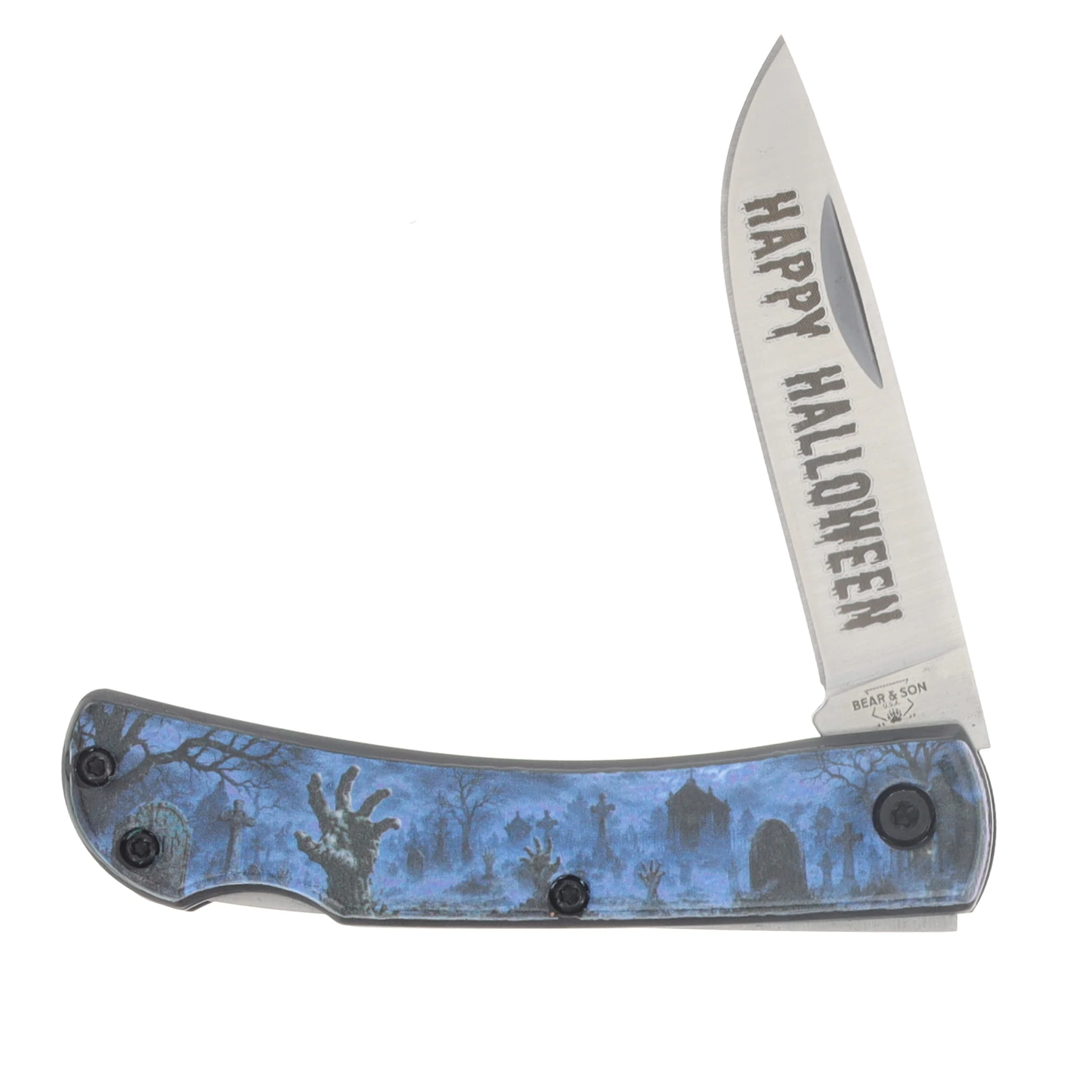 Bear & Son SMKW Exclusive Halloween 2026 Dead Rising Small Farmhand Lockback Folding Knife UV Reflective Graveyard SU137LH26 View 3