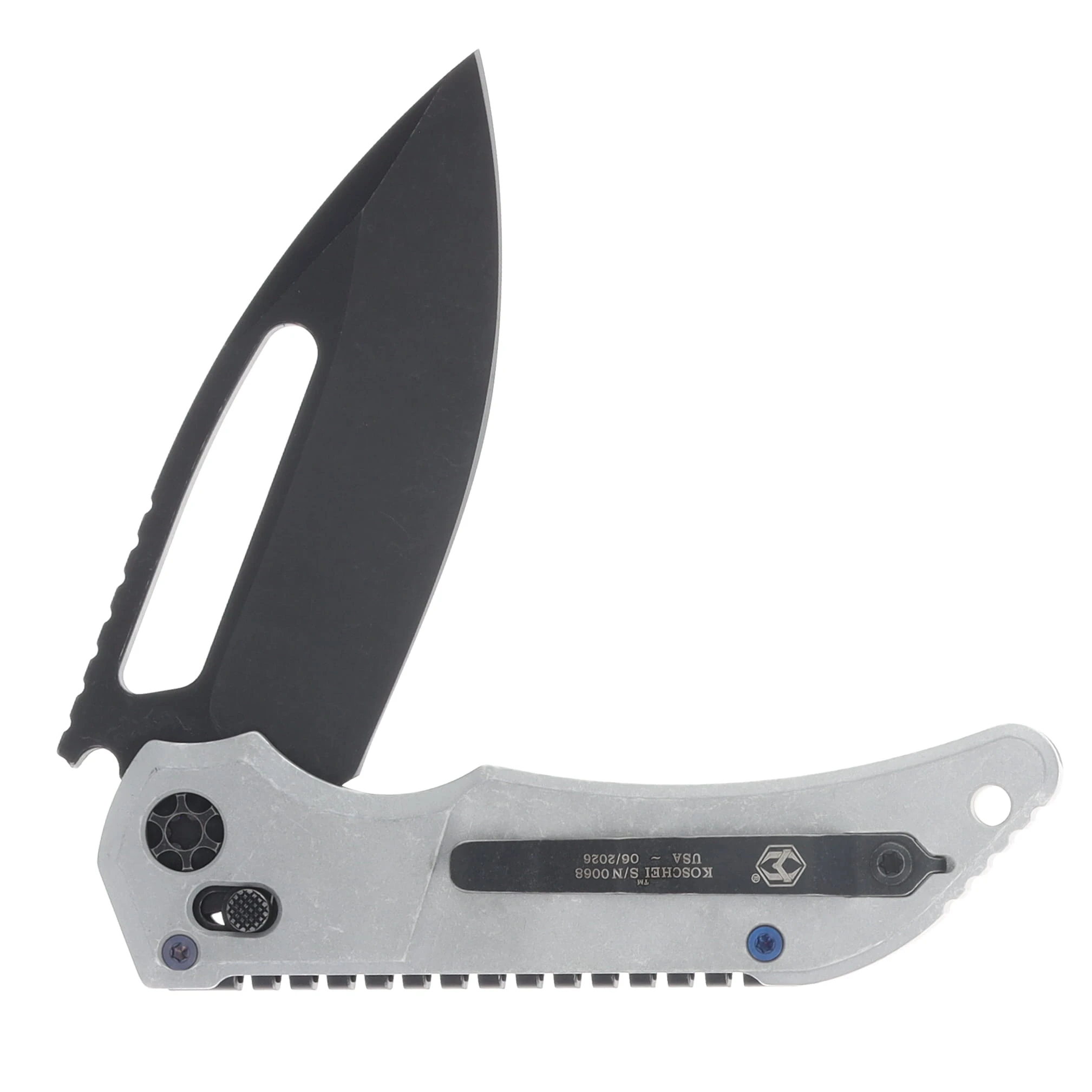 Heretic Koschei Crossbar Lock Folding Knife Battleworn Black/Blizzardworn Aluminum H061-8A-BLZ View 4
