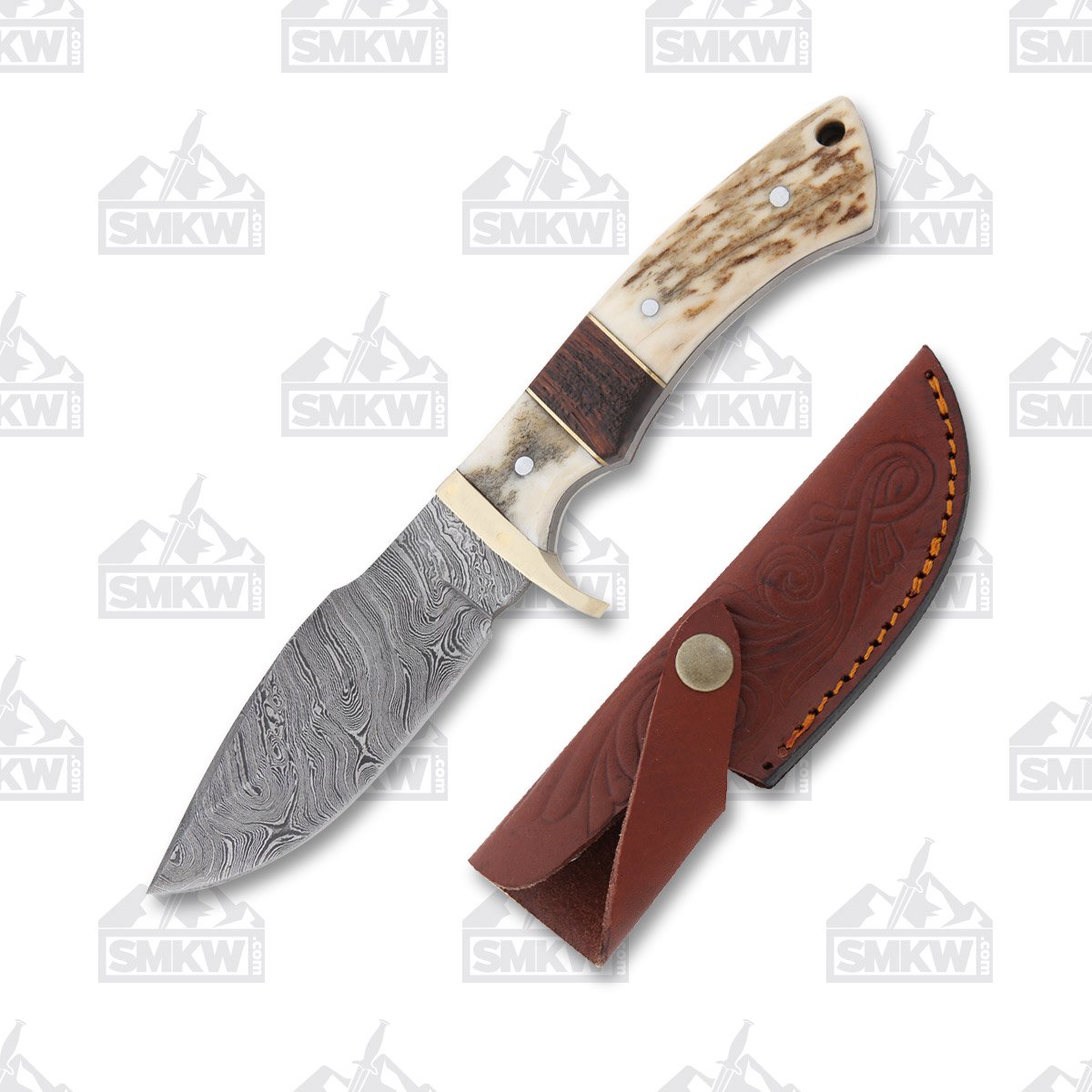 SZCO Supplies Game Stag Skinner Knife – Fixed 3.75in Damascus Blade DM1022 View 1