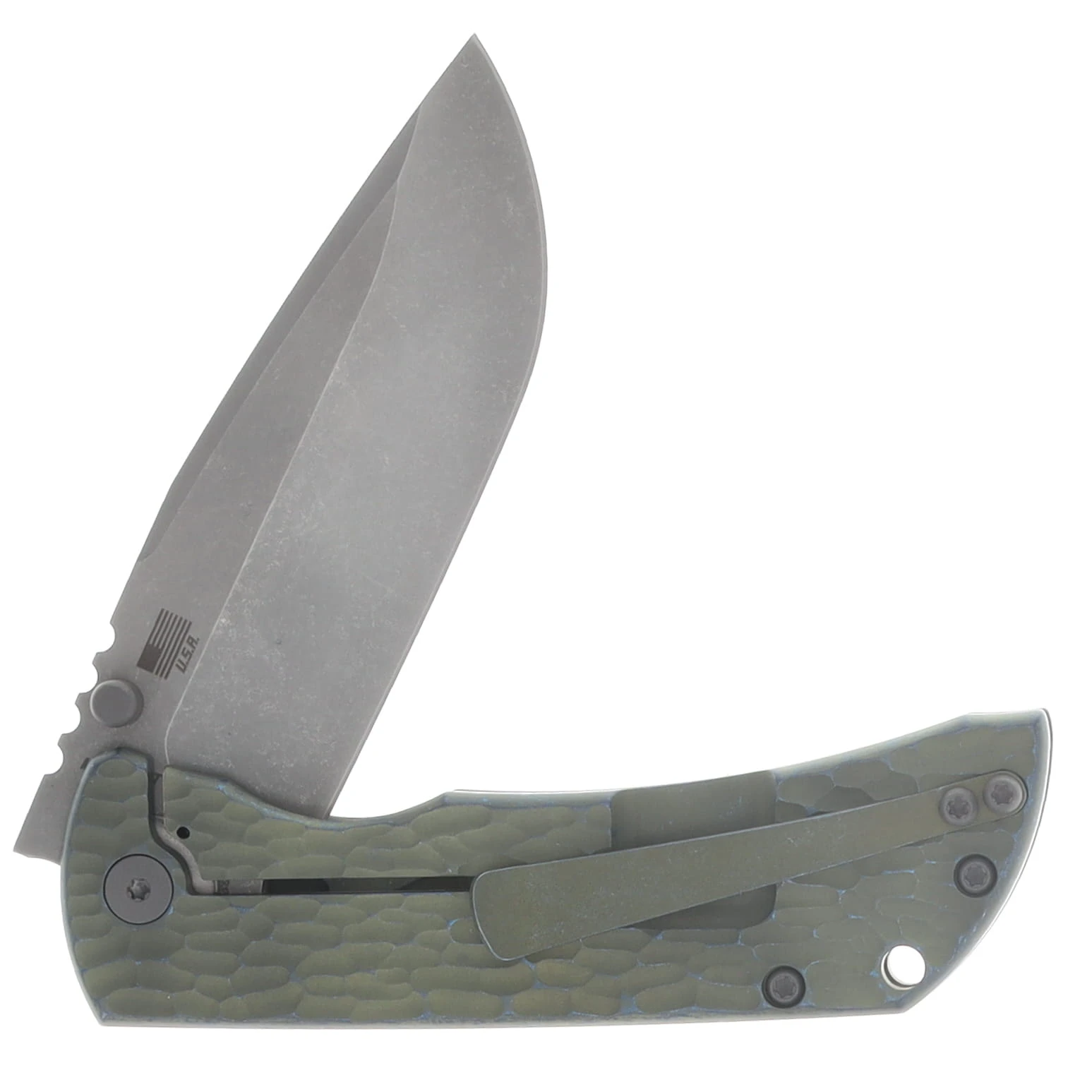 McNees PM Mac 2 3.5" Magnacut/Jigged Atomic Green and Blue Titanium with Stonewash Hardware MN35DPGNBLJIG View 3