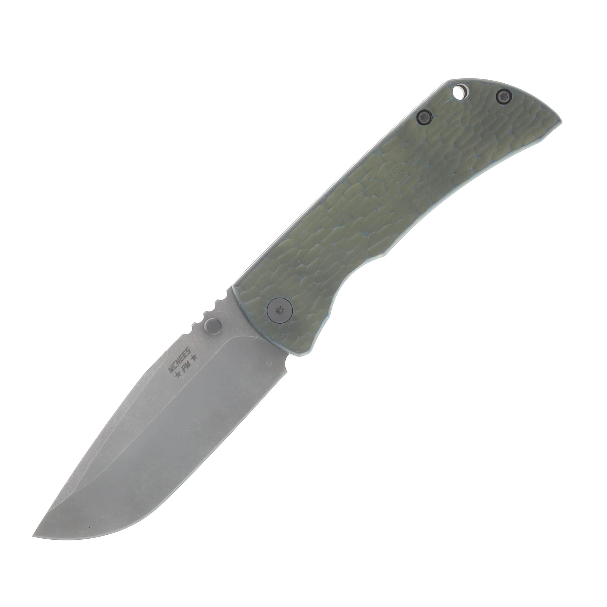 McNees PM Mac 2 3.5" Magnacut/Jigged Atomic Green and Blue Titanium with Stonewash Hardware MN35DPGNBLJIG View 1